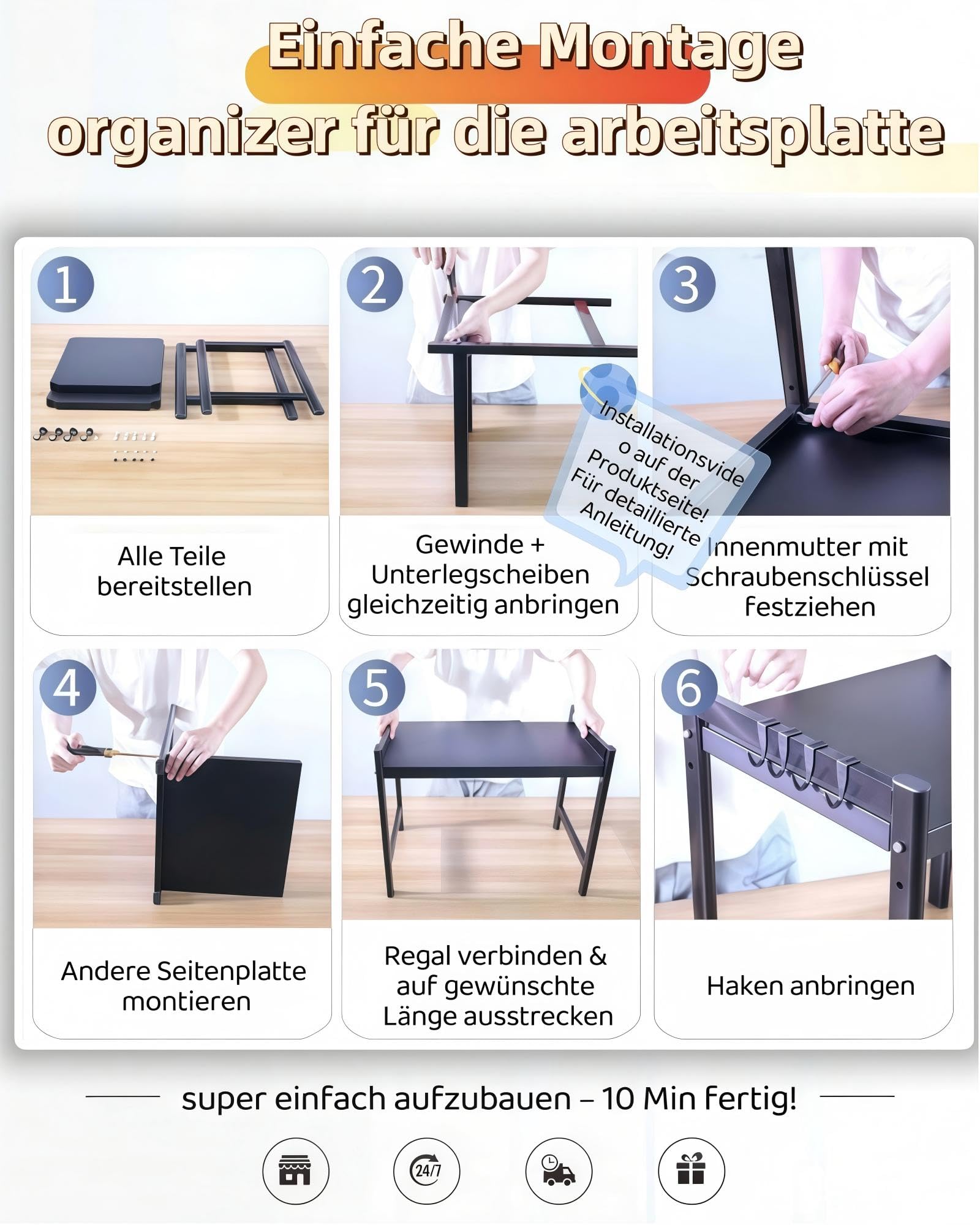 Mikrowellenregal 3 stufig ausziehbar Höhenverstellbarer Mikrowellenständer (40-64cm) ohne Bohren mit 6 Haken, Kohlenstoffstahl für Backofen, Kaffeemaschine & Airfryer