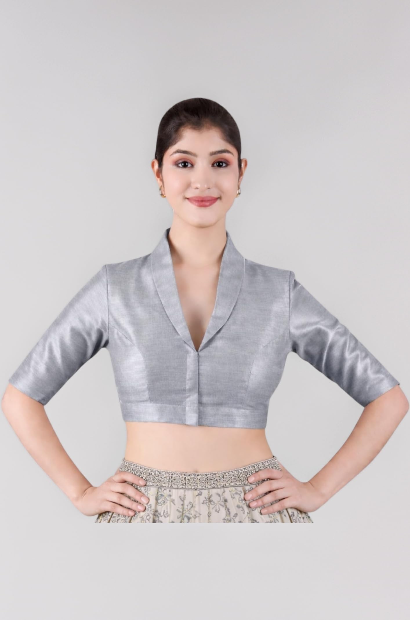Women’s Solid Collar Neck Readymade Saree Blouse | Front Open Non Padded | Half Sleeve Art Silk Blouse