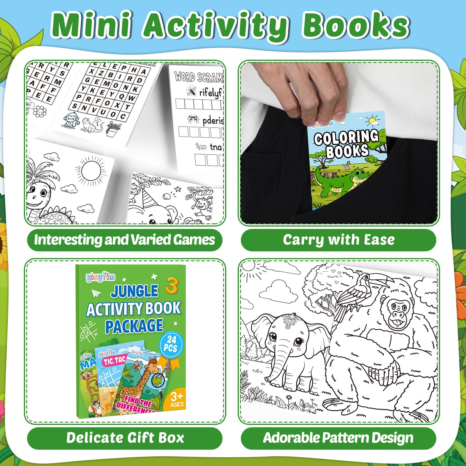 gisgfim Confezione da 96 mini libri da colorare Safari per bambini dai 4 ai 12 anni, gioco di puzzle animali della giungla, labirinto, ricerca di parole da punto a punto, per compleanno, ricompense in