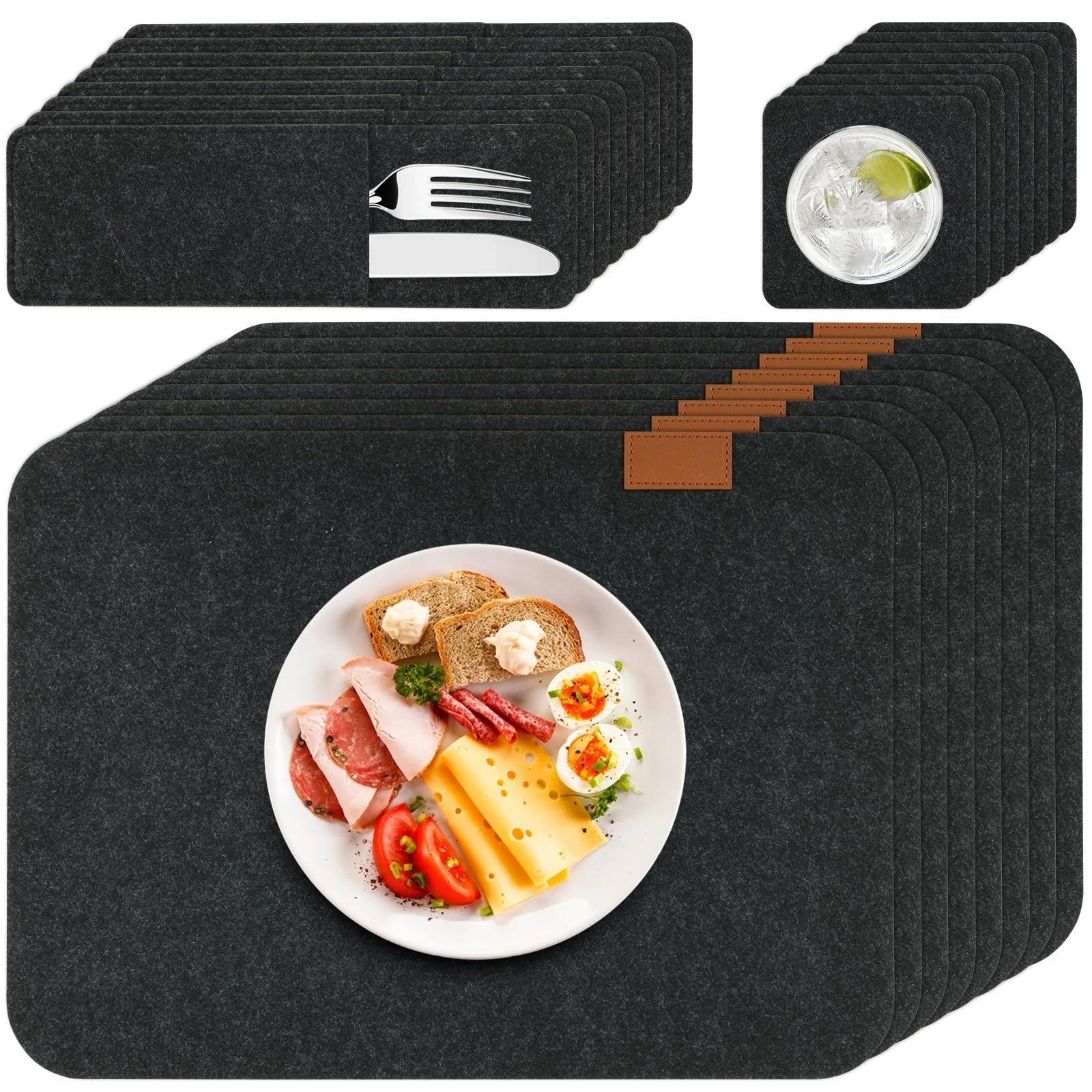Placemats And Coaster Sets Placemats and Coaster Set of 8 Washable Felt Place Mats with Coasters and Cutlery Bags