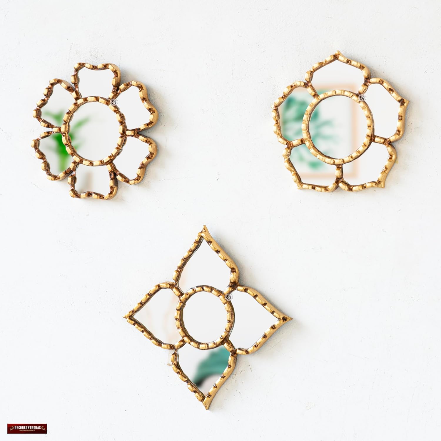 Set of 3 Small Bronze Leaf Wall Mirrors Handmade in Peru Floral Reverse Painted Glass Decor