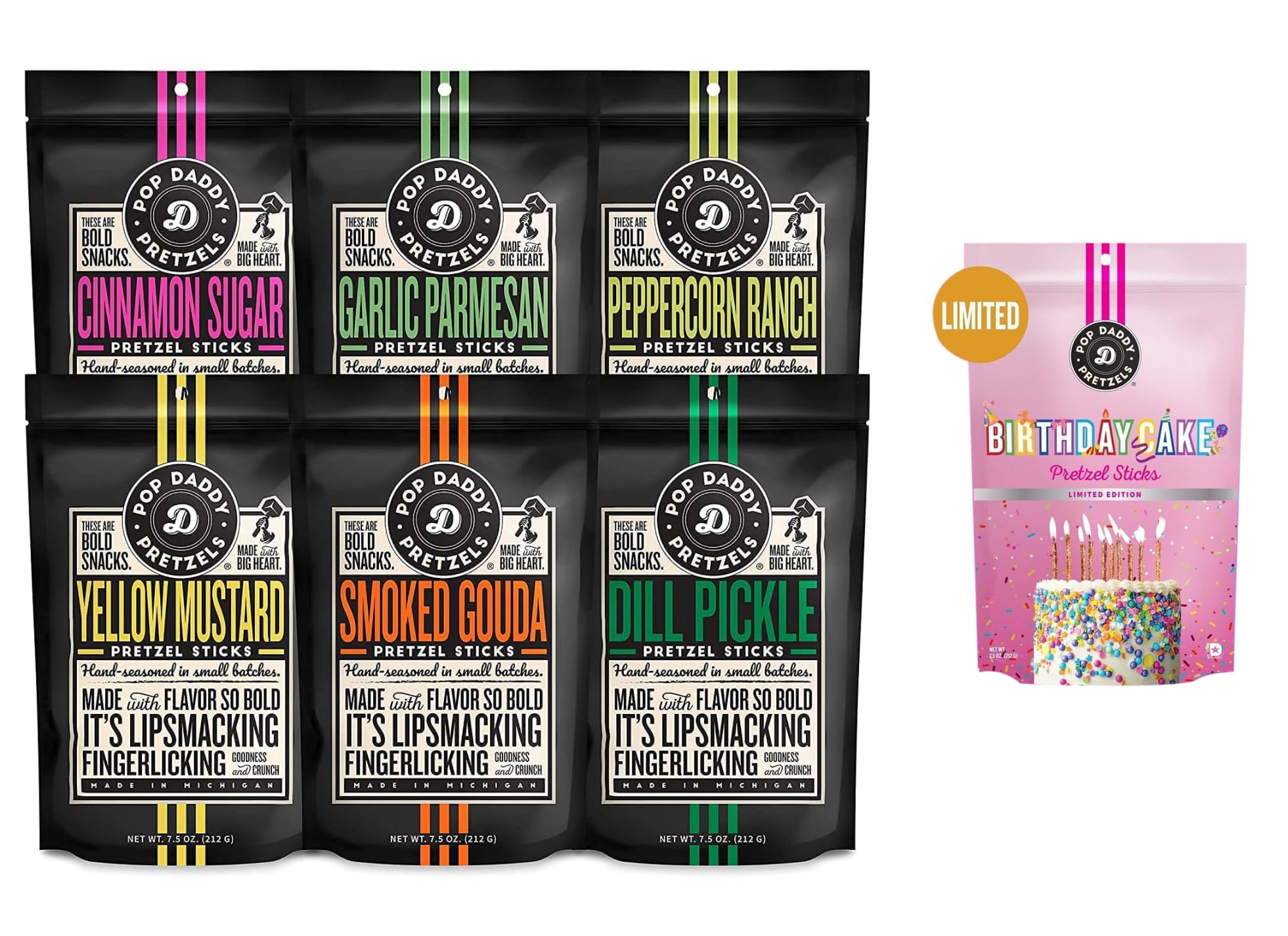Pop Daddy Flavored Pretzels Sticks | Healthy Gourmet Pretzels Snacks | 7.5oz Variety Pack Pretzels | 6 Pack | Garlic Parm, Cinnamon Sugar, Peppercorn Ranch, Smoked Gouda, Dill Pickle, Yellow Mustard WITH 1 Free bag of Birthday Cake Flavor