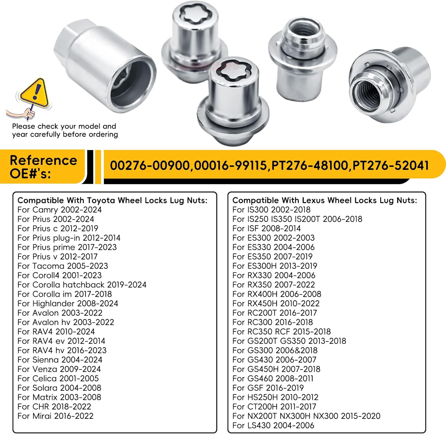 for Toyota Wheel Locks Lug Nuts Compatible Toyota Camry Tacoma Corolla Highlander Avalon RAV4 Lexus Locking Lug Nuts and Wheel Lock Key Set M12 x 1.5#00276-00900
