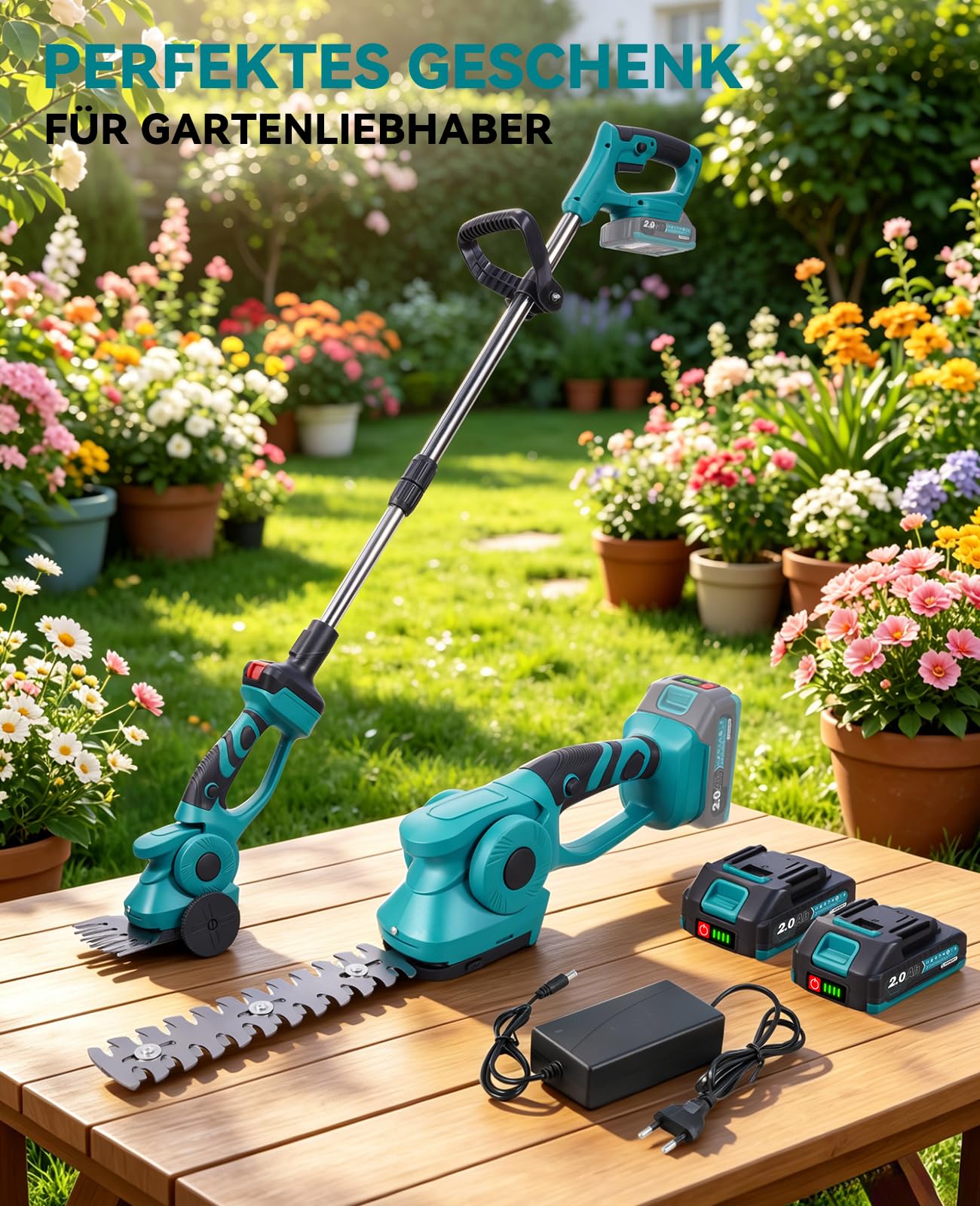 Yofidra 3-in-1 Rasenschere & Heckenschere Akku mit stiel, 2 2000mAh Akkus | Akku Grasschere mit stiel, Rädern, 13cm/22 cm SK5-Klinge, Rasenkanten trimmen, Sträucher schneiden, für klein. Garten