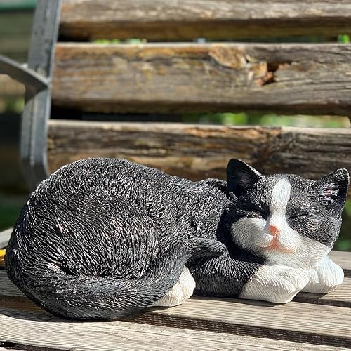 Miniatura 5 de Estatua de gato dormido, decoración de jardín, escultura y figura de gato al aire libre, estatua atigrada en blanco y negro para patio, césped,