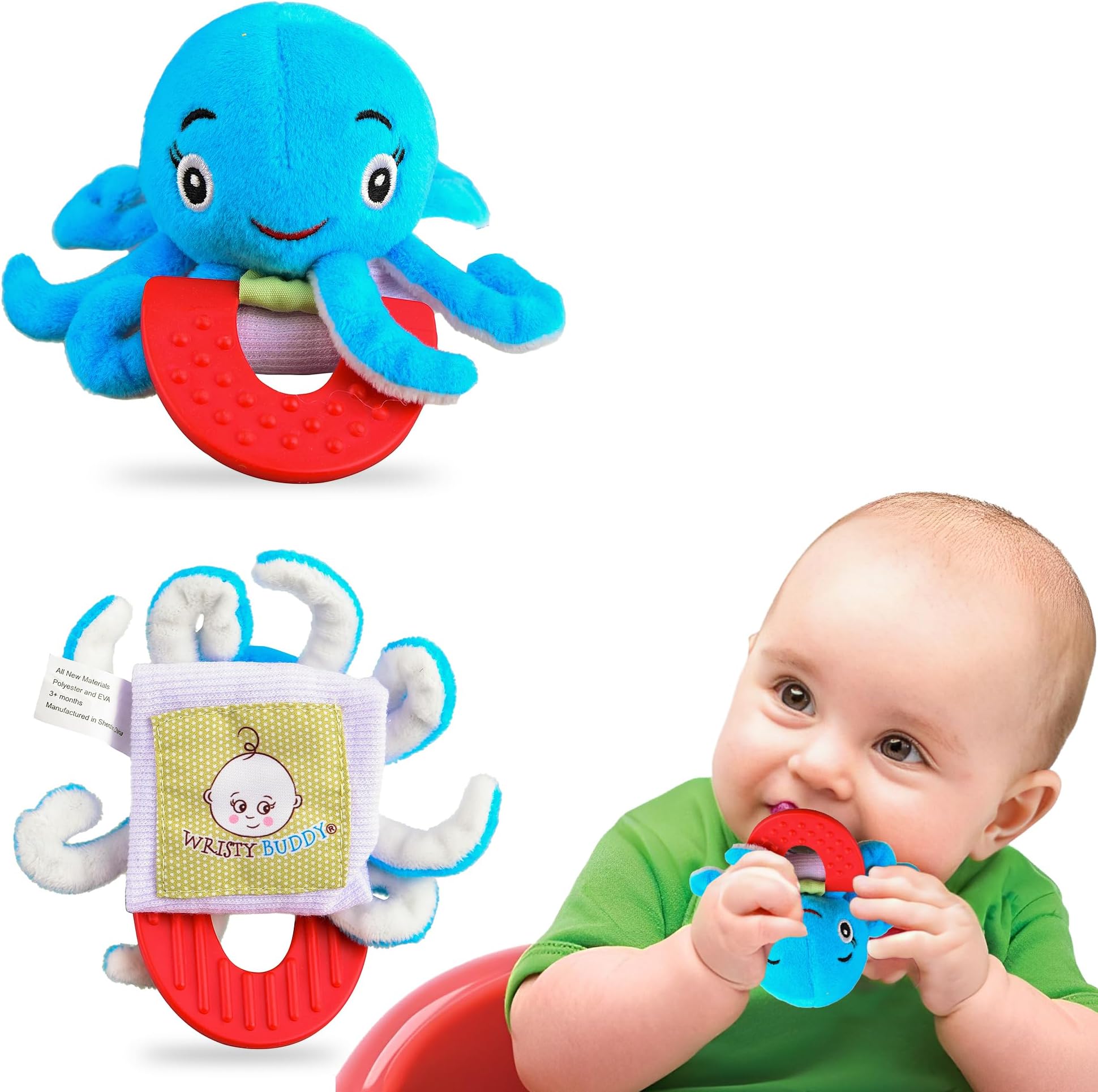 Wristy BuddyWristy Buddy Teething Ring for Babies 0-6 8 10 12 Months | Cute Soft Octopus Teething Toys & Gloves | Baby Teething Relief Toy Pack | Infant Chew Toys for 3-6 Months, 1 2 3 Years