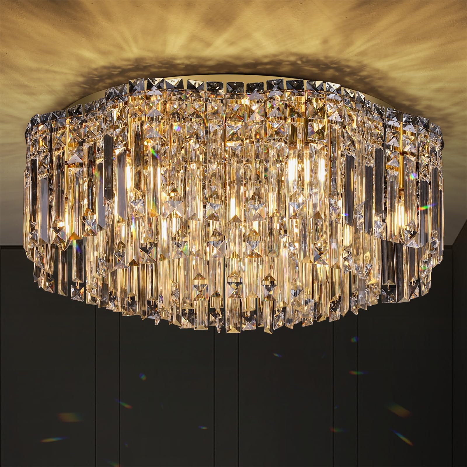 Flush Mount Crystal Chandelier, 24 inch Modern Crystal Ceiling Lights with Warm White Light Bulb (2700K), Flush Mount Small Gold Chandeliers Light Fixtures for Bedroom Living Room Hallway Entryway