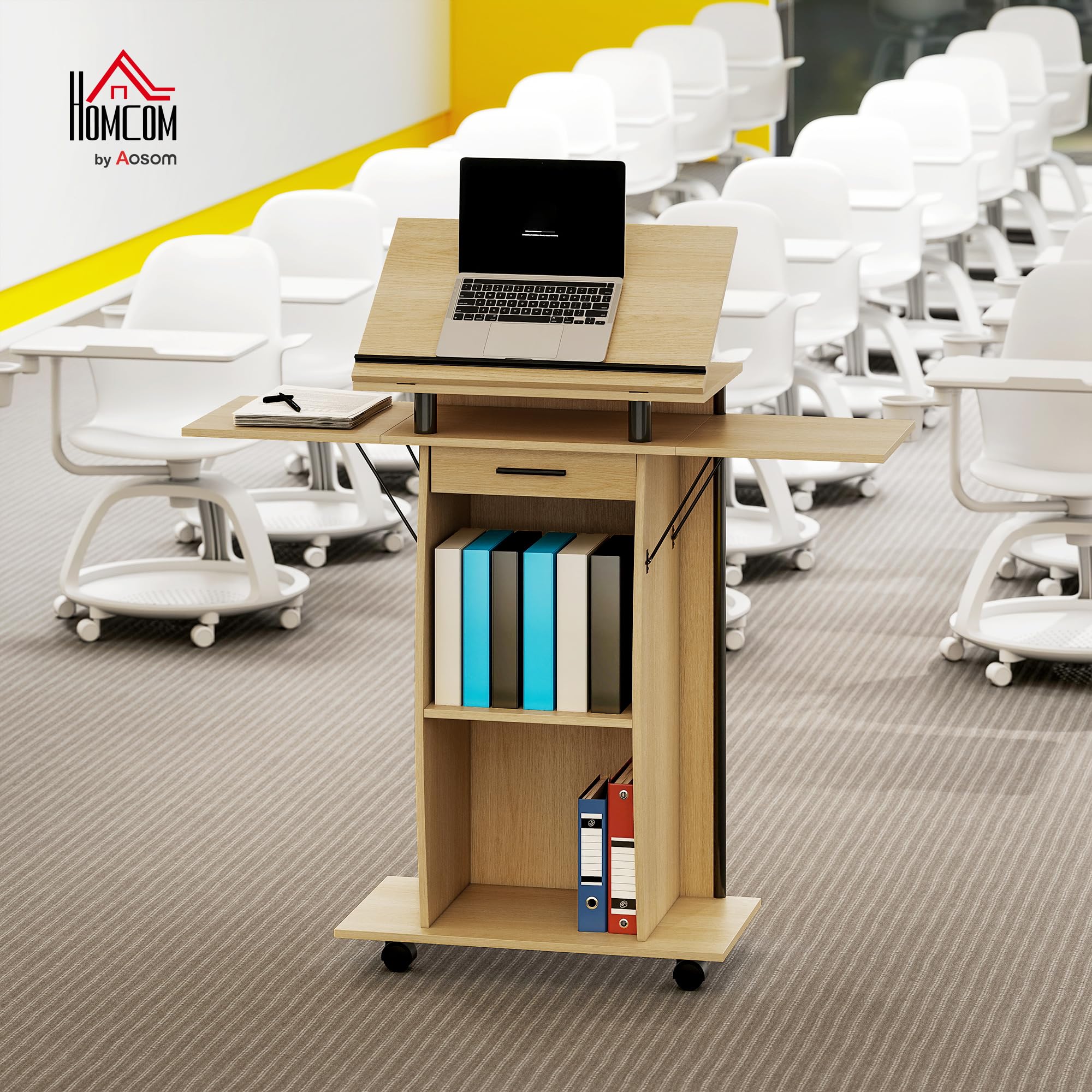HOMCOM Rednerpult Podium mit Rädern, klappbaren Seitenflügeln, neigbarem Laptopständer, Podiumständer mit Schublade, Regal Stehpult für Kirche, Vortrag, Klassenzimmer Eiche 126 x 37 x 136 cm