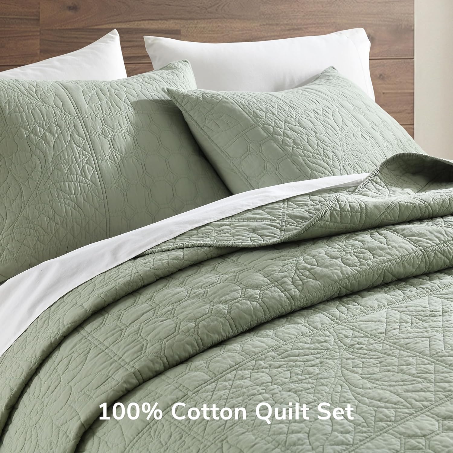 HORIMOTE HOME 100% Cotton Quilt Patchwork Queen Size, Sage Green Farmhouse Cotton Bedspread Coverlet, Pre-Washed Soft Breathable Lightweight All Season Bedding Set with 2 Pillowcases