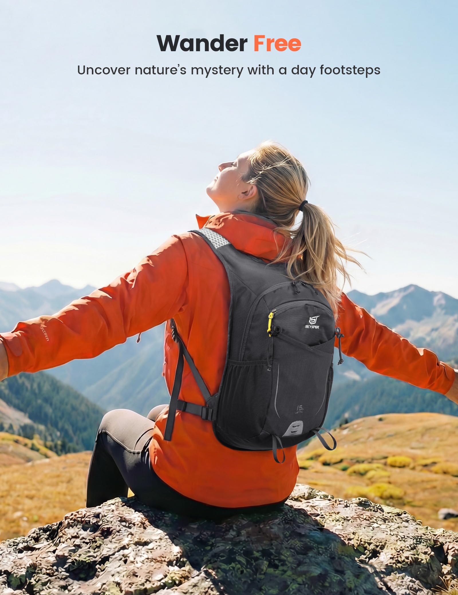 SKYSPER Lekki i oddychający plecak turystyczny o pojemności 15 l, dla mężczyzn i kobiet, do trekkingu, wędrówek, jazdy na rowerze i sportów na świeżym powietrzu, Szary, 15L
