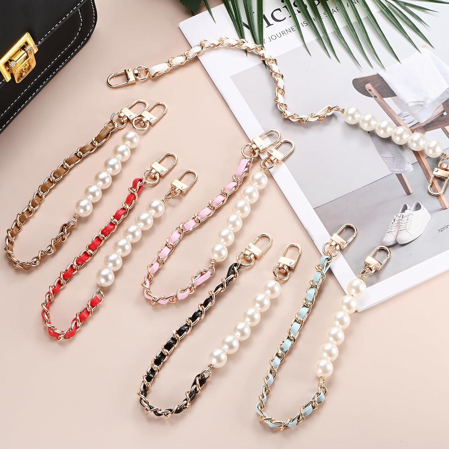 TIXIPEM 13.77IN Purse Extender Chain [1PC] - PU Leather and Metal Pearl Purse Strap Extenders Use for Handbags & Mobile Case & Wallet - [Brown] Handles Chain Wrist Replace - Image 4