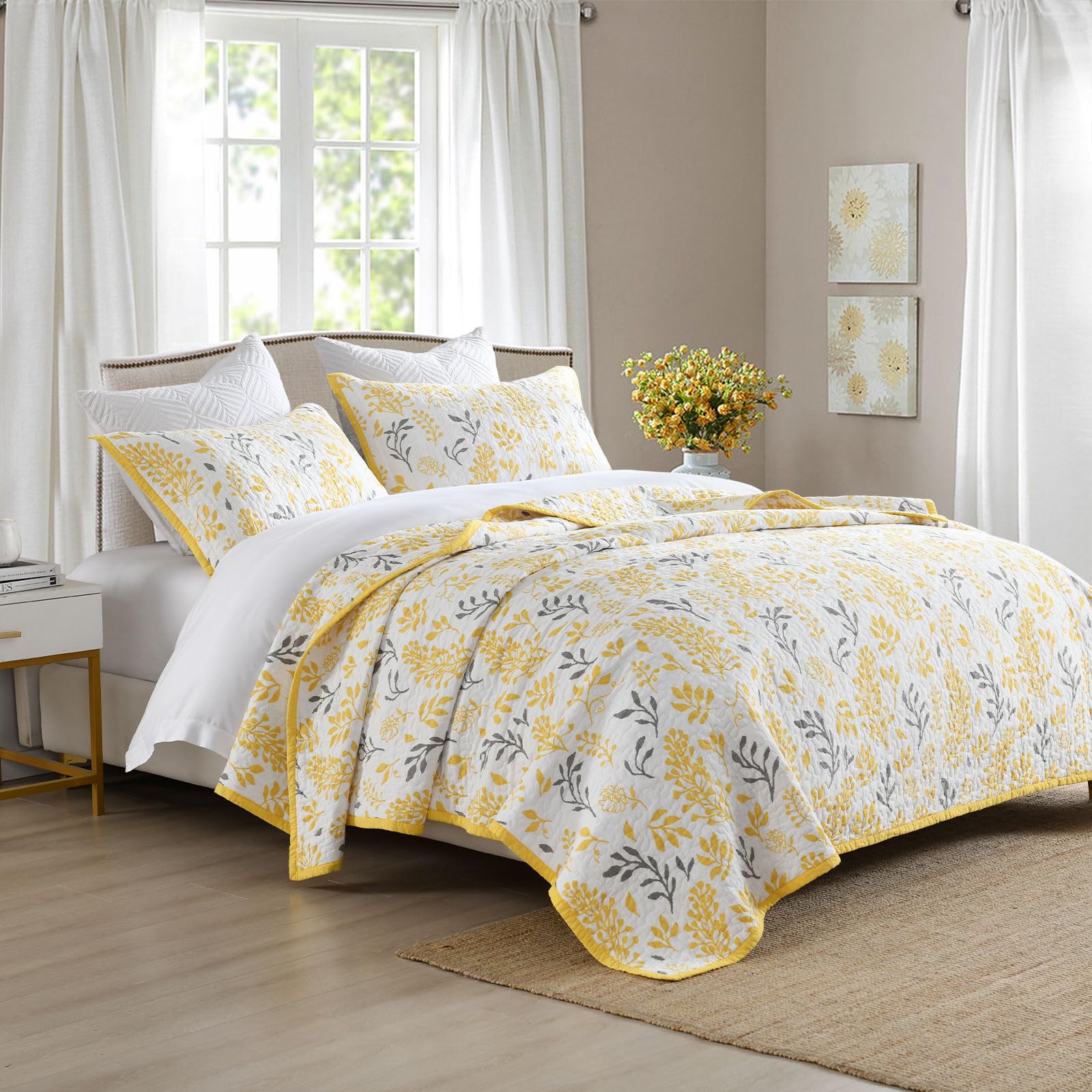 LORRIARD Queen Size Quilt, 100% Cotton Floral Queen Bedspread Set,Yellow Farmhouse Queen Quilt Bedding Set, Reversible Lightweight Coverlet for All Season,3 Pieces