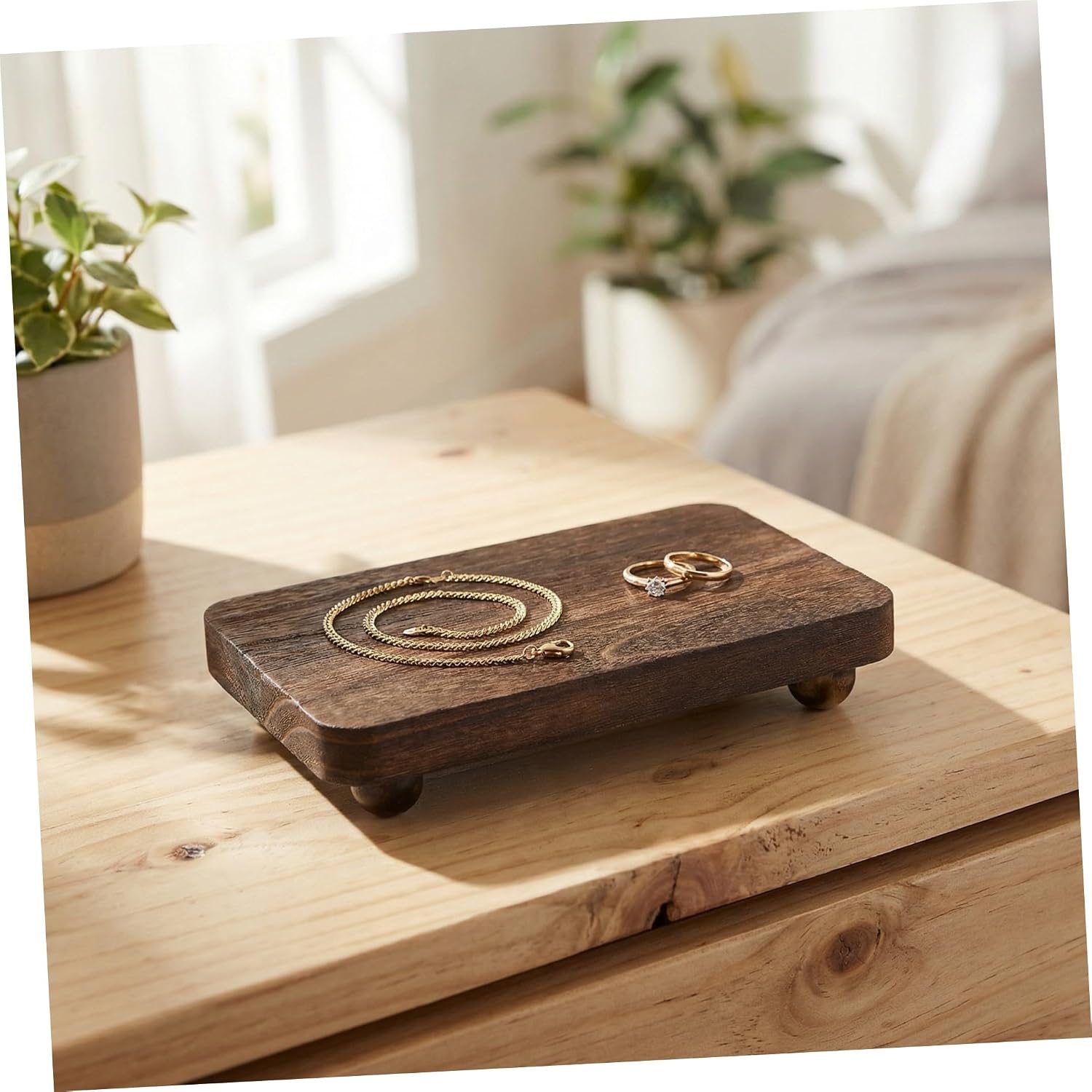 Wooden Display Pedestal Stand for Bathroom and Kitchen Counter, Small Rectangular Makeup Lotion Holder with Legs, Natural Wood Riser Organizer for Home Décor, 3pcs Set
