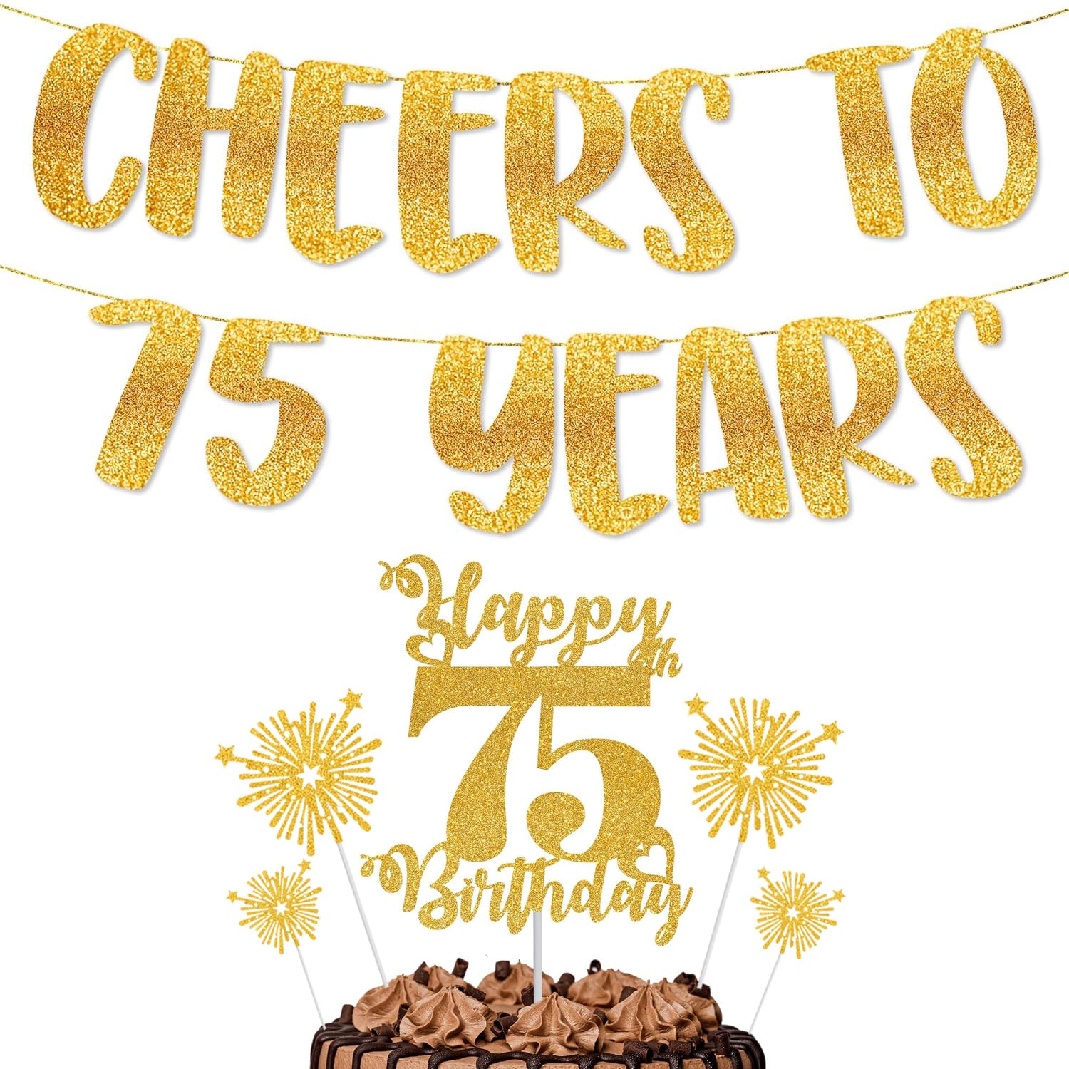 TrifleArte Cheers to 75 Year Banner & Happy 75th Birthday Cake Topper Combo | Glitter Party Decoration Set for Kids & Adults | Anniversary & B'day Celebration Decor-image-16