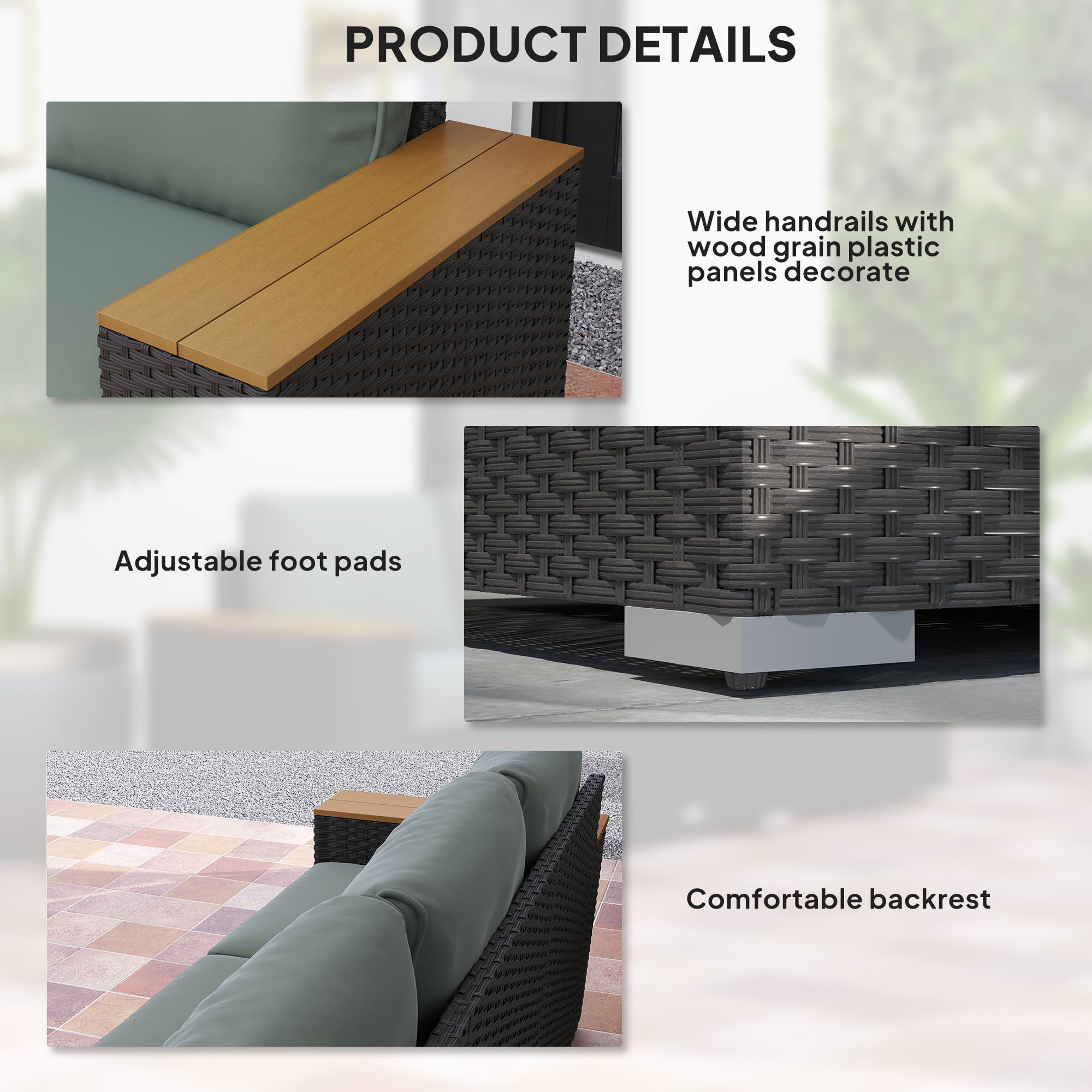 Sofá de patio al aire libre de 3 asientos con cojines, sofá de mimbre de ratán PE con reposabrazos anchos de grano de madera, sofá de mimbre al aire libre para porche, jardín, terraza 5