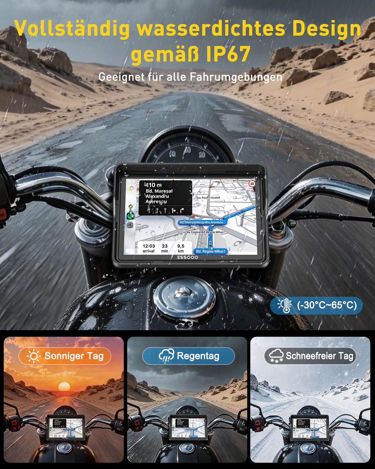 ESSGOO 5 Zoll Motorrad Carplay Display,Kabelloses Motorrad Navigationsgerät mit Apple CarPlay & Android Auto,IP67 Wasserdicht,Dual Bluetooth 5.3,GPS Navigation,Sprachassistent,Acc Stromversorgung