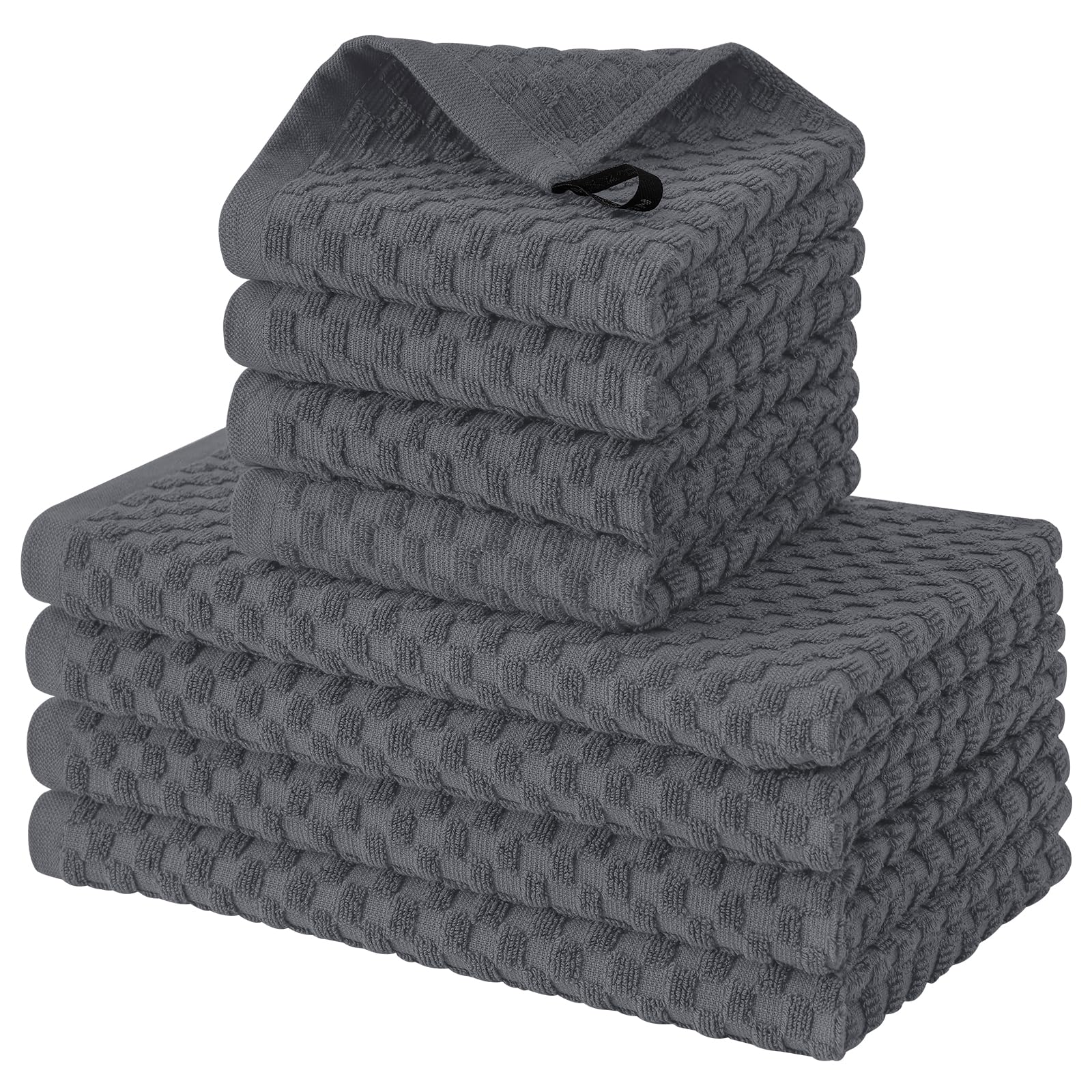 Fintale 100% Cotton Kitchen Towels and Dishcloths Set, 12 x 12 & 15 x 25 Inches, Set of 8 Bulk Super Soft and Absorbent Terry Cloth Dish Towels, Quick Drying Hand Towels with Hanging Loop, Dark GreyOEKO-TEX STANDARD 100