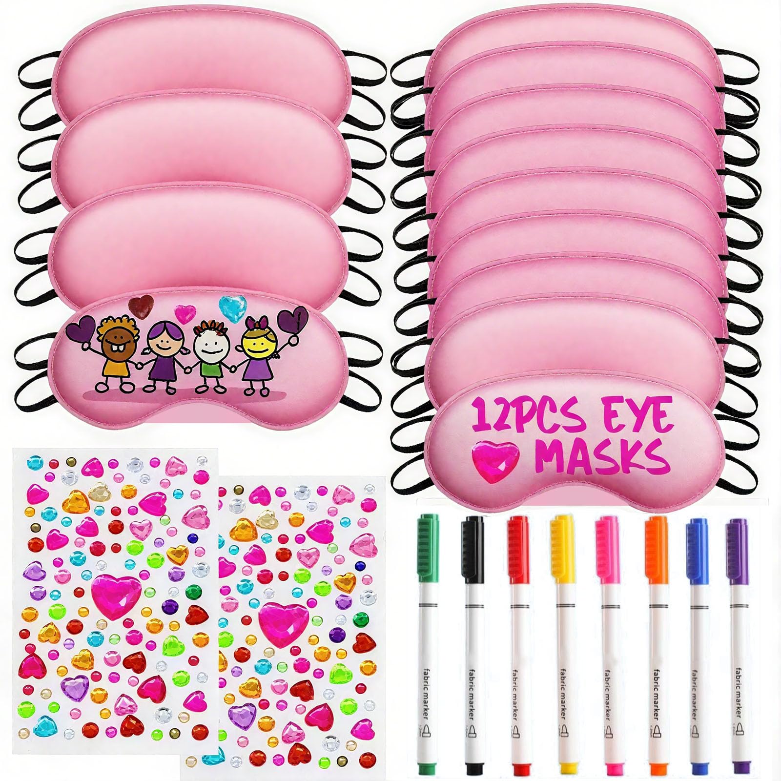 Sleepover Party Supplies, 12 PCS Sleep Eye Masks Blindfold Slumber Eye Covering with 2 Sheets Self-Adhesive Heart Rhinestones Gems&8 PCS Fabric Marker Pens, Pink