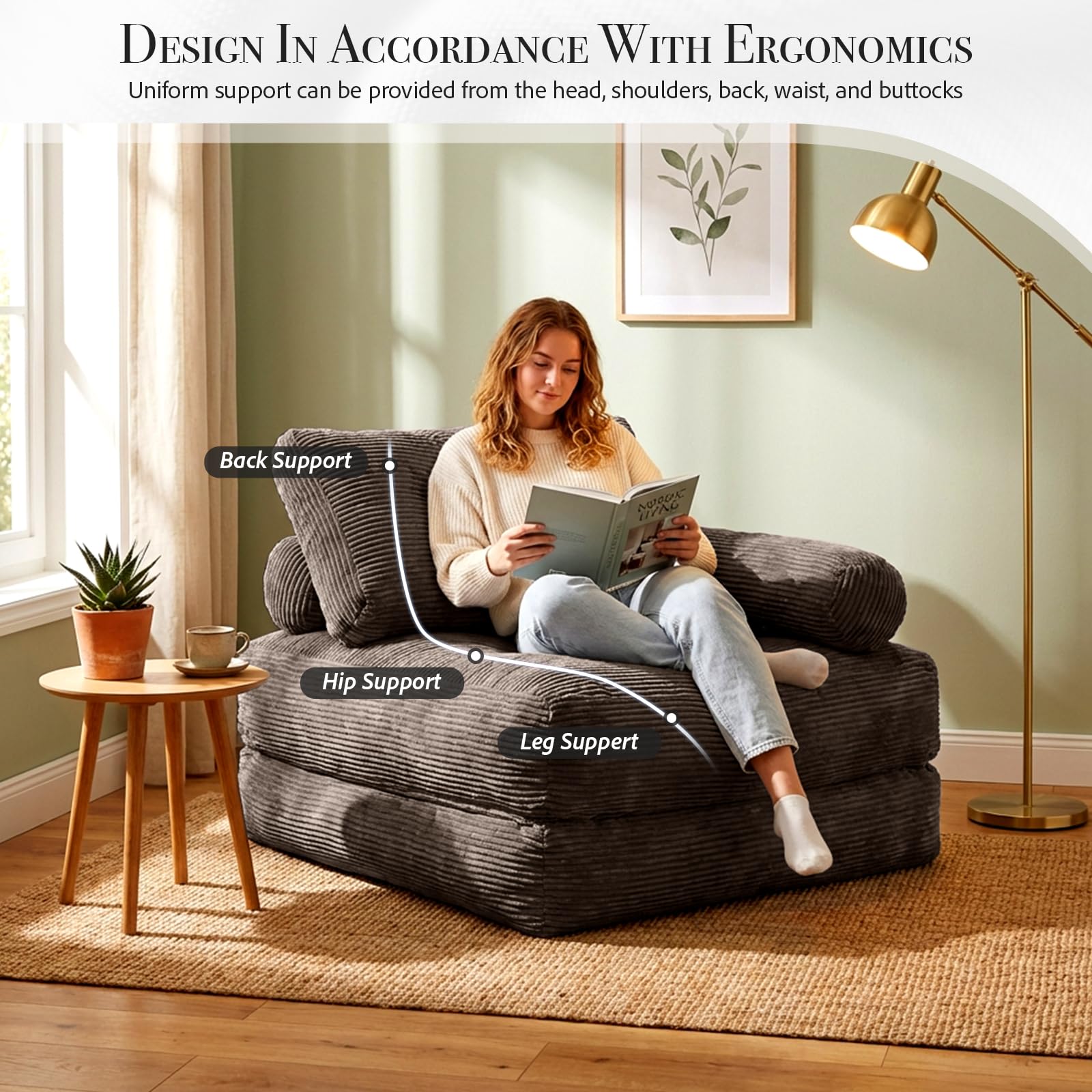 Klappsofa Schlafsofa, 4-in-1 faltbares Sitzsack-Sofa mit verstellbaren Armlehnen, Boneless Couch als Gästebett, Gaming-Sessel & Lounge-Sofa für kleine Räume, Wohnheim (Grau)