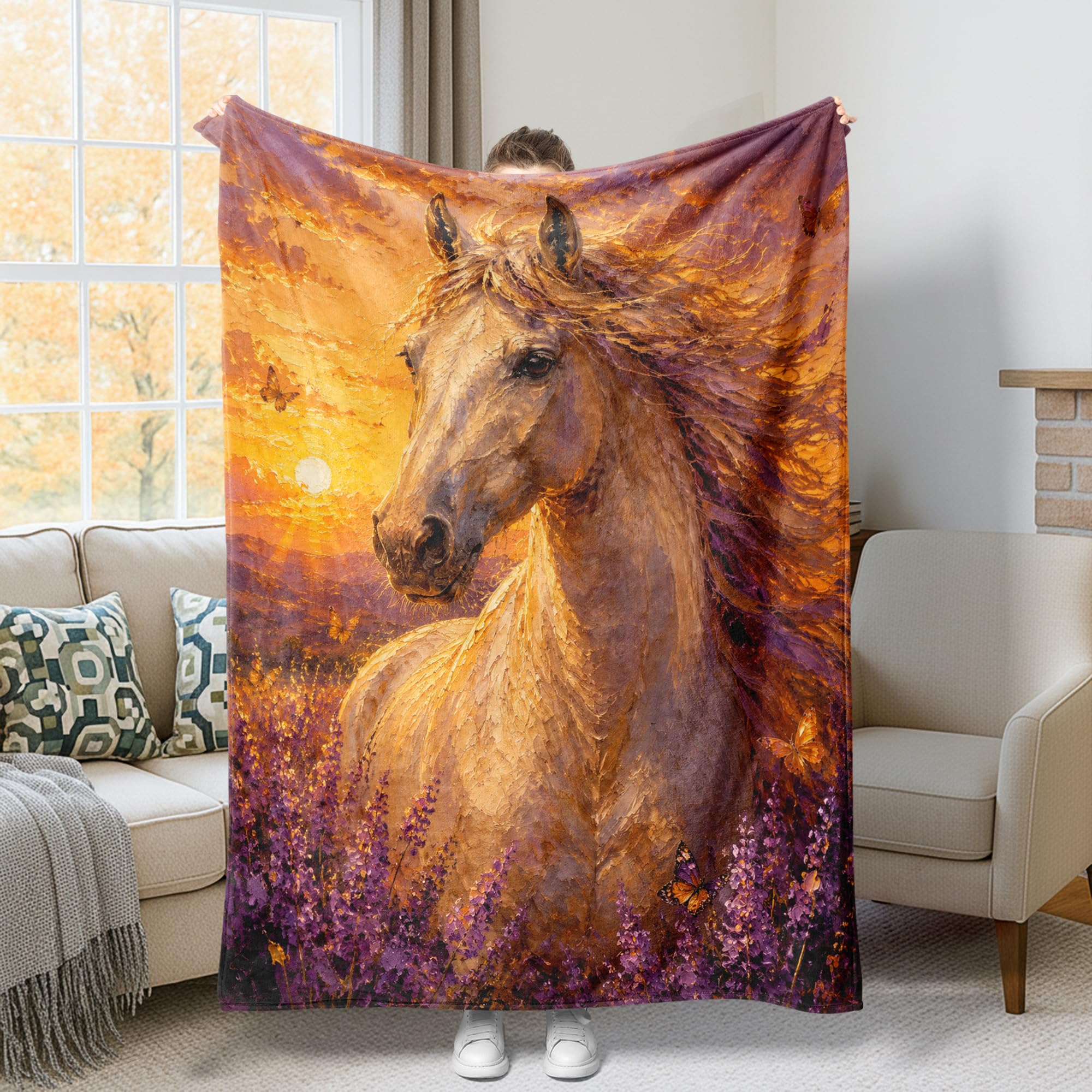Couverture peluche cheval anti-froid légère et compacte pour lit canapé et bureau