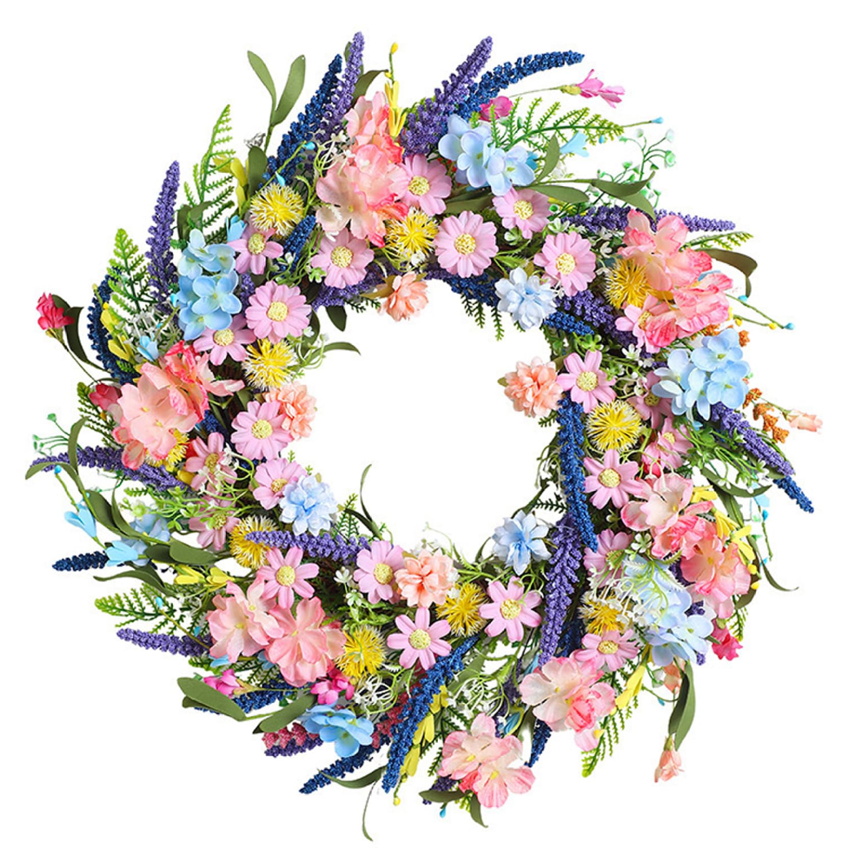 Ameble Colorful 16 Inch Spring Wreath For Front Door With Realistic Daisies & Lavender, Easter Home Decor, Indoor Outdoor Door Wall Decoration, Farmhouse