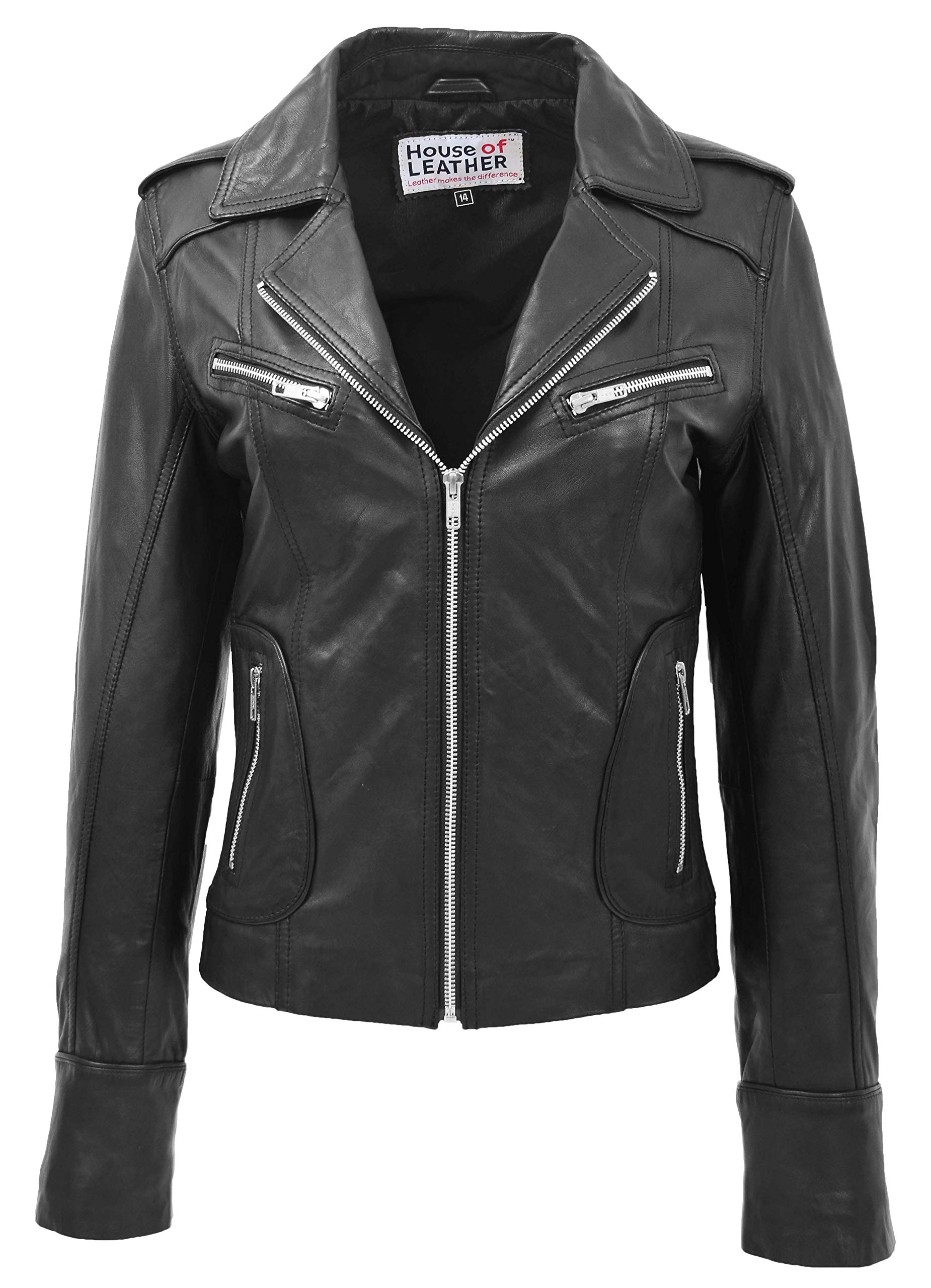 Womens Real Leather Biker Jacket Zipped Casual Style Kim (16, Black)