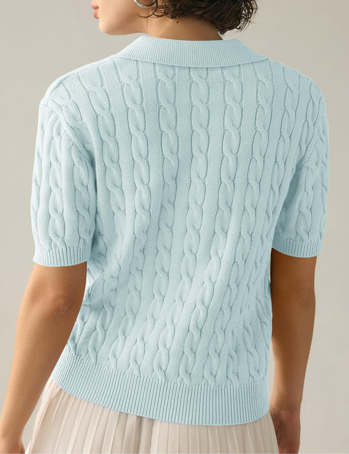 Womens Short Sleeve V Neck Sweaters Cable Knit Collared Pullover Sweater 2024 Trendy Comfy Polo Shirts - Image 5