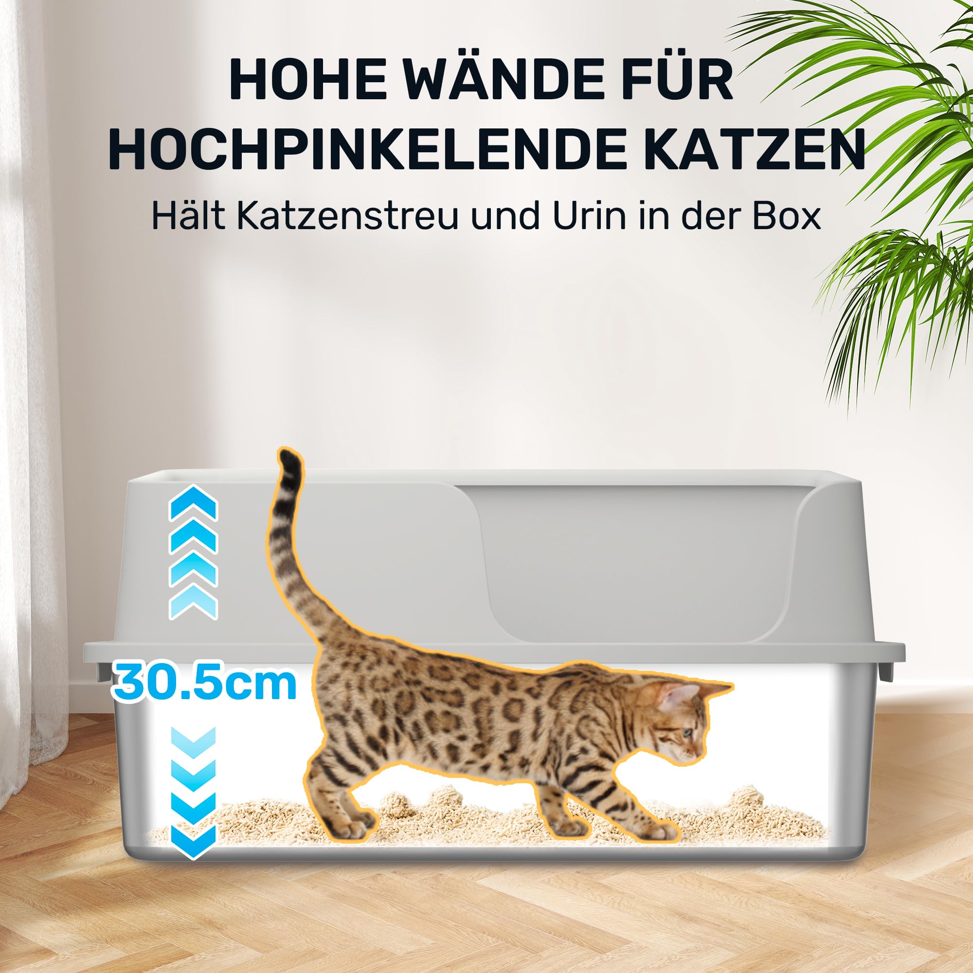 FUKUMARU Katzenklo Edelstahl XXL, Hohe Seitenwände Katzentoilette, 30L Große Kapazität Auslaufsicher mit Zwei Beuteln Katzenstreu, Nicht-Haftend, Einfache Reinigung, Inklusive Schaufel，60x40x30cm