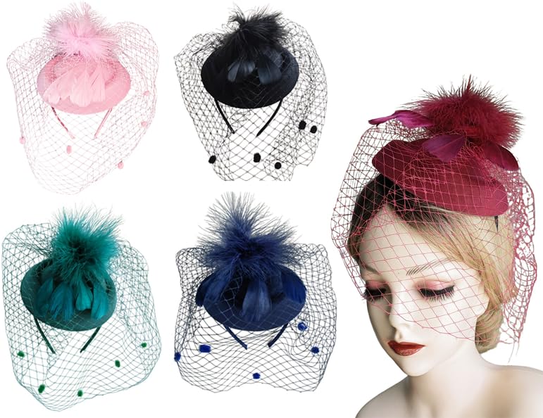Fascinator Hats for Women Tea Party Veil Feather Fancy Pillbox Hat 20s 50s - Image 4