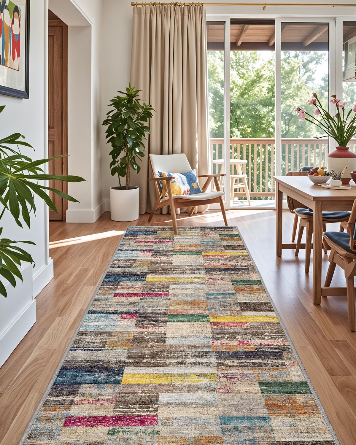 LUMI Washable Runner Rug, 3'x7' Non-Slip Hallway Mat, Low Profile Thin Long Carpeet for Laundry Kitchen Bedroom Office, Multicolor