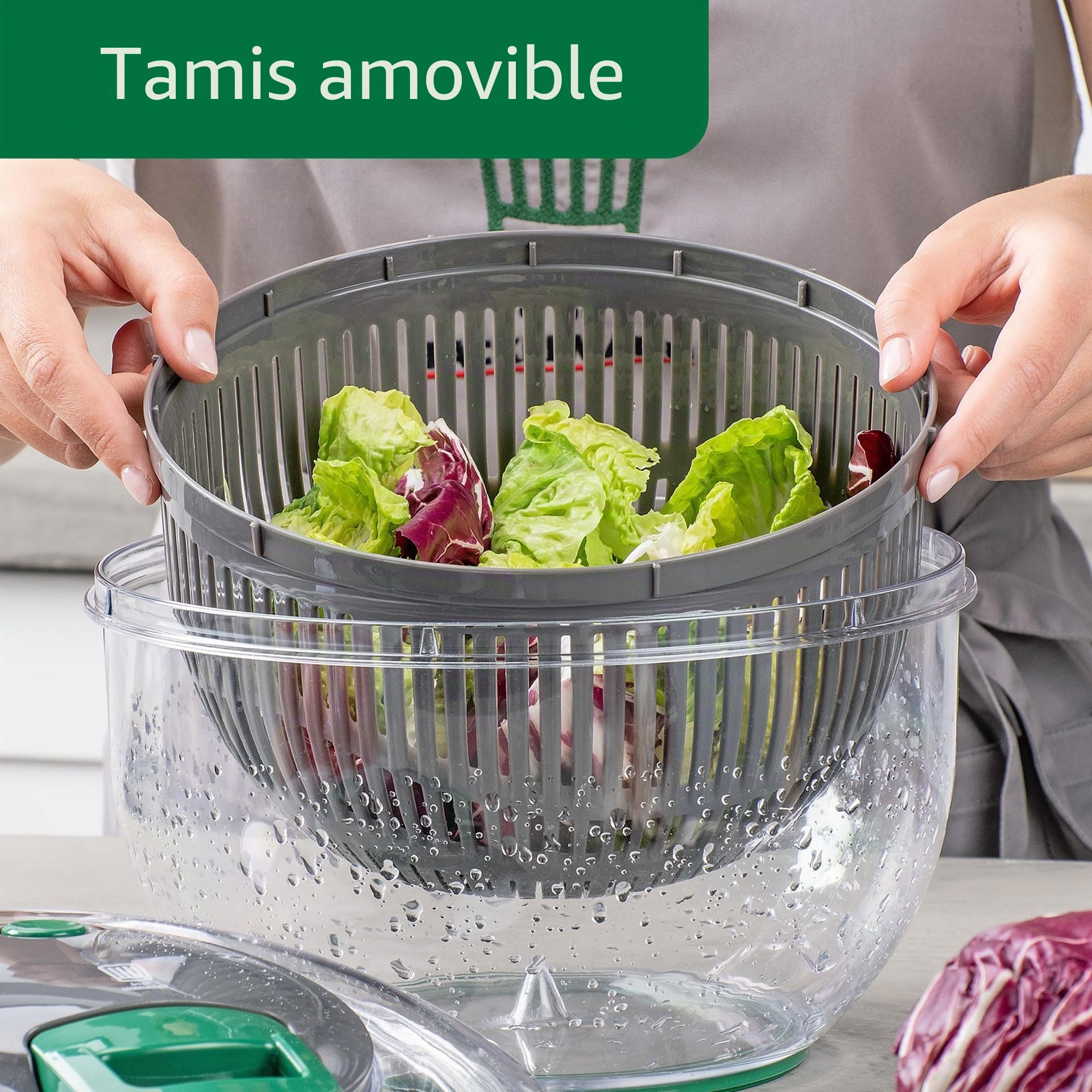 FACKELMANN Chefkoch Salad Spinner avec cordon et bouton d’arrêt – Essoreuse à salade pour laver, sécher et servir la salade sans effort – Cordon pratique inclus et tamis amovible