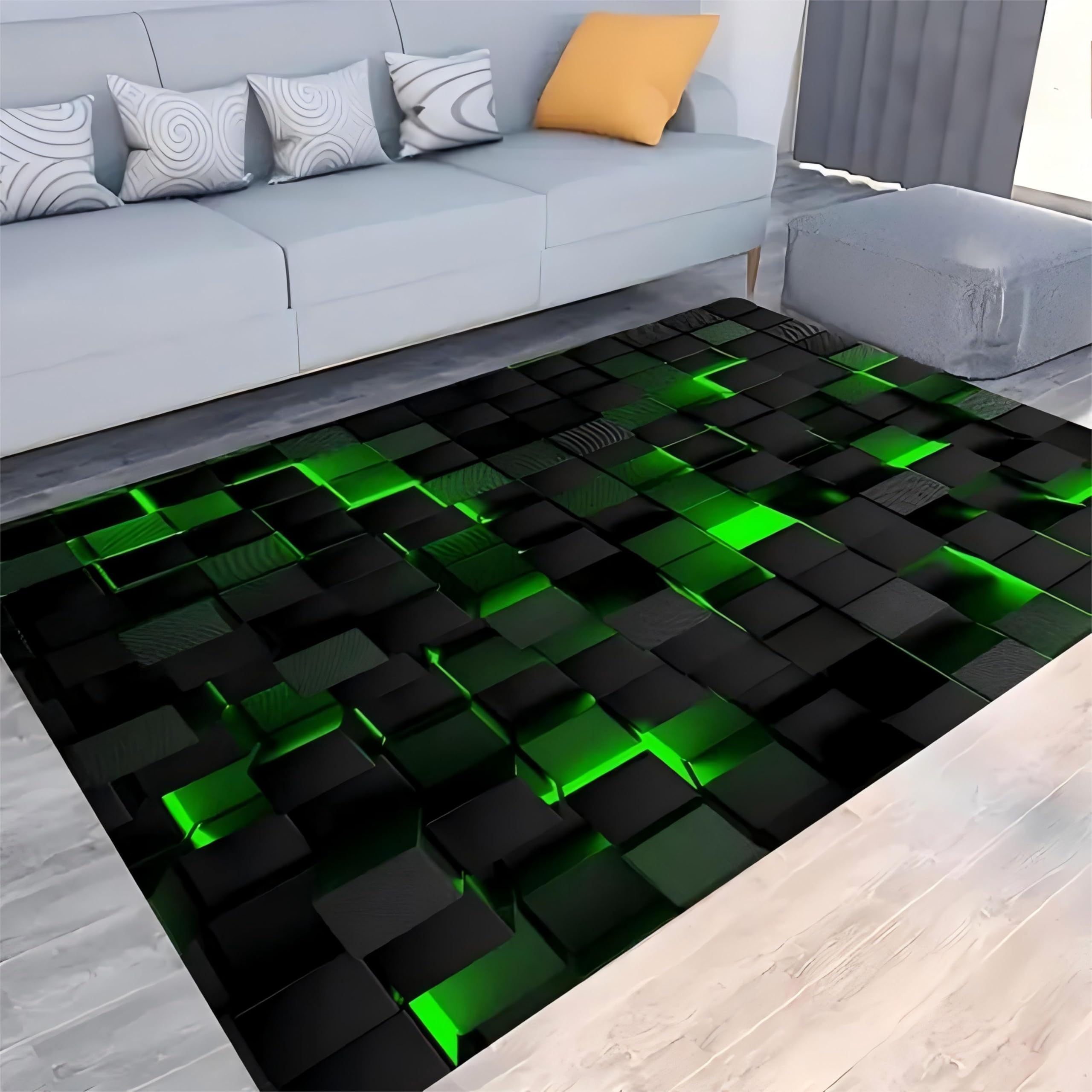 Geometric Area Rug,180x260cm, Optical Illusion Black Green Rectangular Geometric Square Print Washable Play Rugs, Indoor Non-Slip Non-Shedding Rugs for Living Room Bedroom Dining Room Playroom