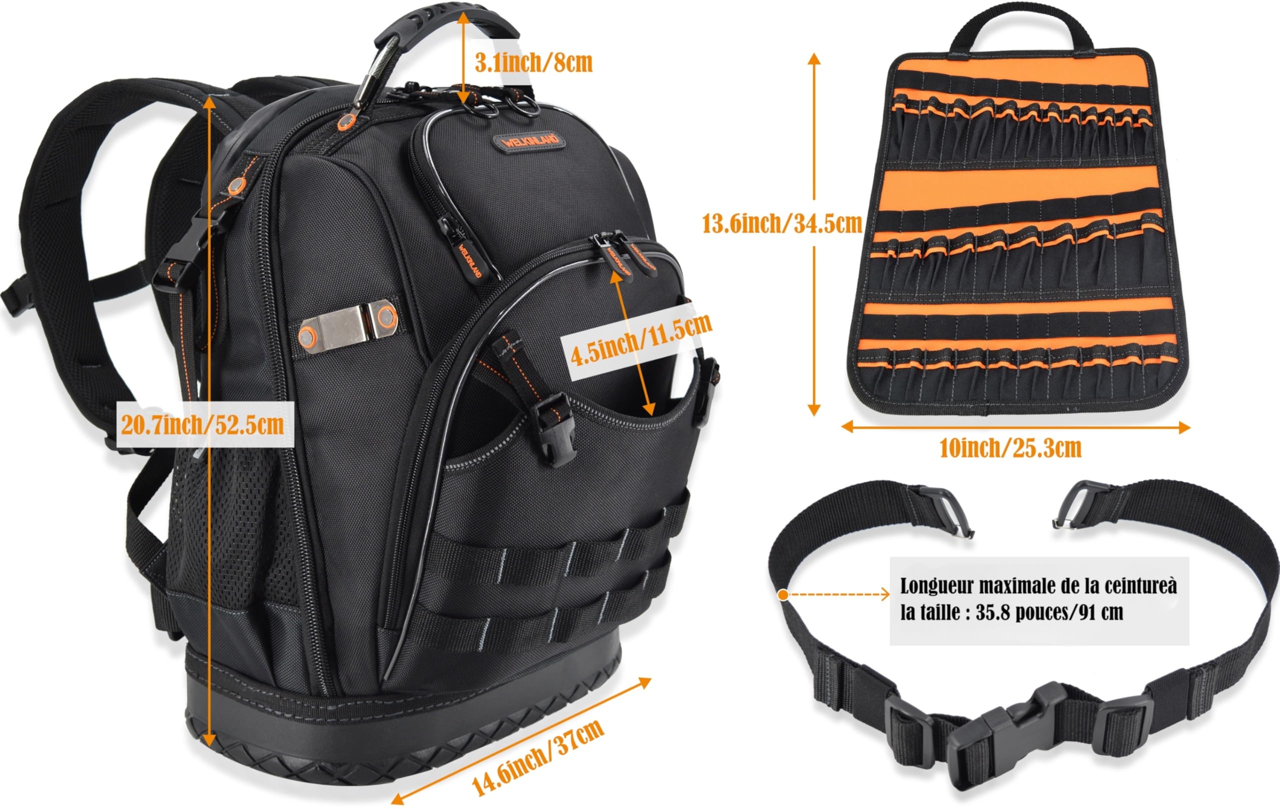 WELKINLAND sac à dos d'électricien avec 77 poches, pour hommes et outils de climatisation et construction