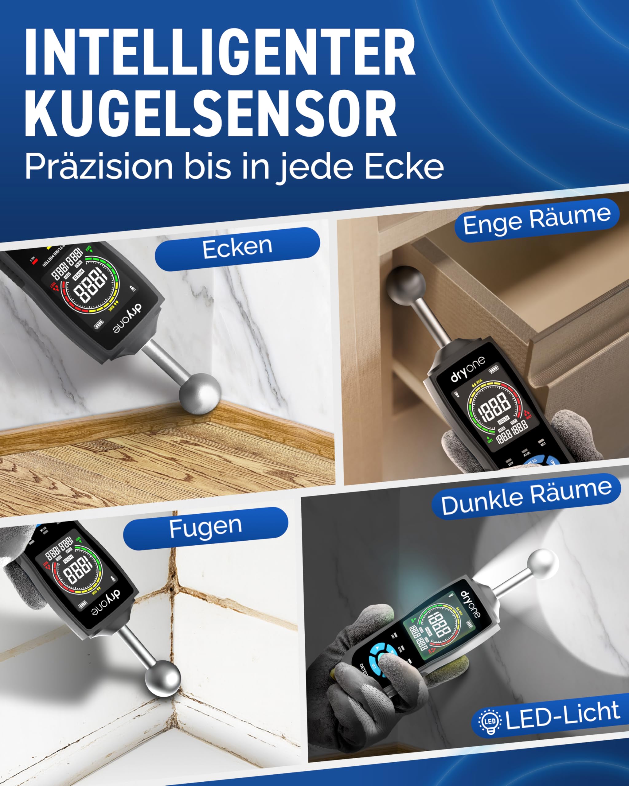 DryOne® DetectX Feuchtigkeitsmessgerät für Wand, Holz, Mauerwerk, Estrich & Beton - verlässliche Messung & einfache Bedienung - Feuchtigkeitsmesser & Wandfeuchtemessgerät gegen Schimmel & Schäden