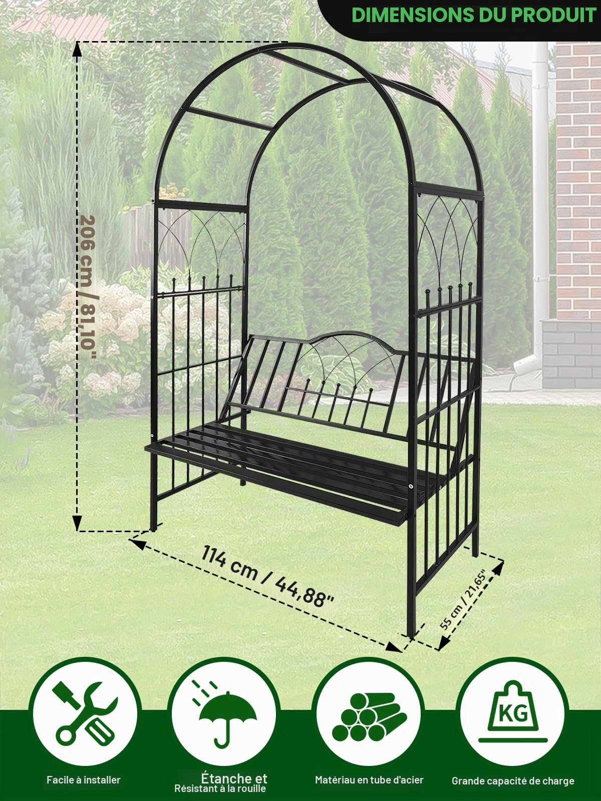 Kalolary Tonnelle Jardin Robuste en Métal avec Banc, Siège pour Plante Grimpante et Support d'Escalade pour Vignes et Fleur, Pavillon Arc de Jardin pour Extérieur
