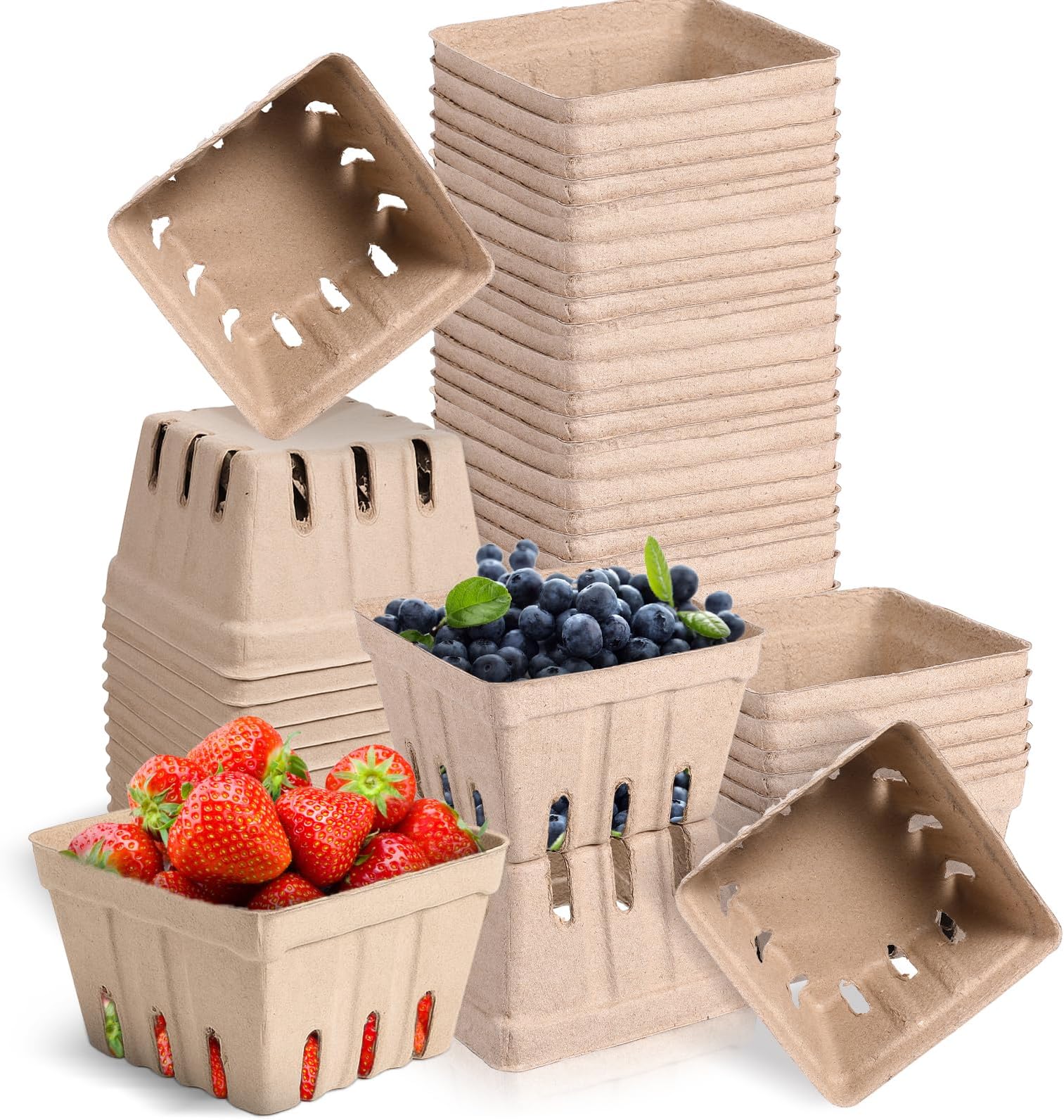 81 Pack Small Strawberry Baskets, Natural Pulp Fiber Berry Baskets For Blueberry Raspberry Cherry Tomato, Vented Produce Container For Farmer Market Grocery Store Backyard Party Supplies