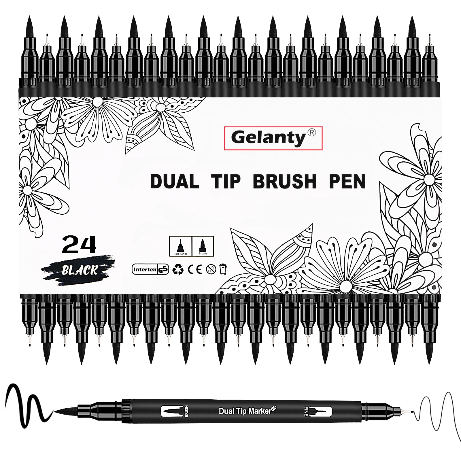 Gelanty Felt Tip Pens, 24 Pack Black Markers Colouring Pens for Adults, 0.4mm Fineliners for Art Drawing Sketching