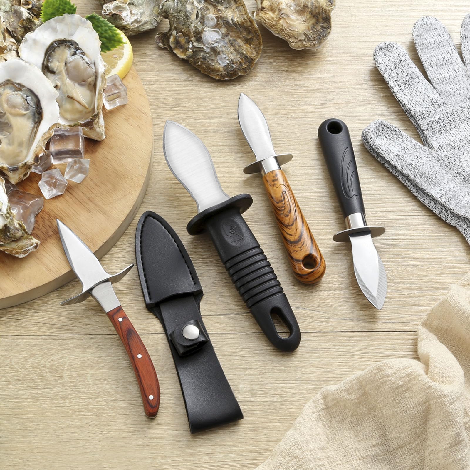 Unokit Austernmesser set 2 Stück Extra groß Austernmesser und Handschuhe 2 Stück Austernmesser mit Ergonomischer Griff Edelstahl Austernmesser mit Handschuhe für Austern Schalentiere Muscheln