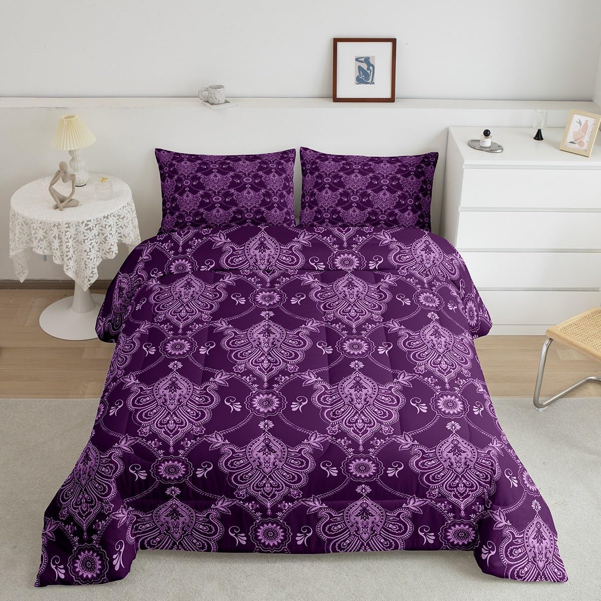 Feelyou Adults Purple Vintage Damask Floral Comforter Set Antique Drawing Classical Paisley Comforter Full Size Gothic Bohemia Boho Floral Bedding Set Hotel Style Duvet Set Quilt Set 3Pcs Mu