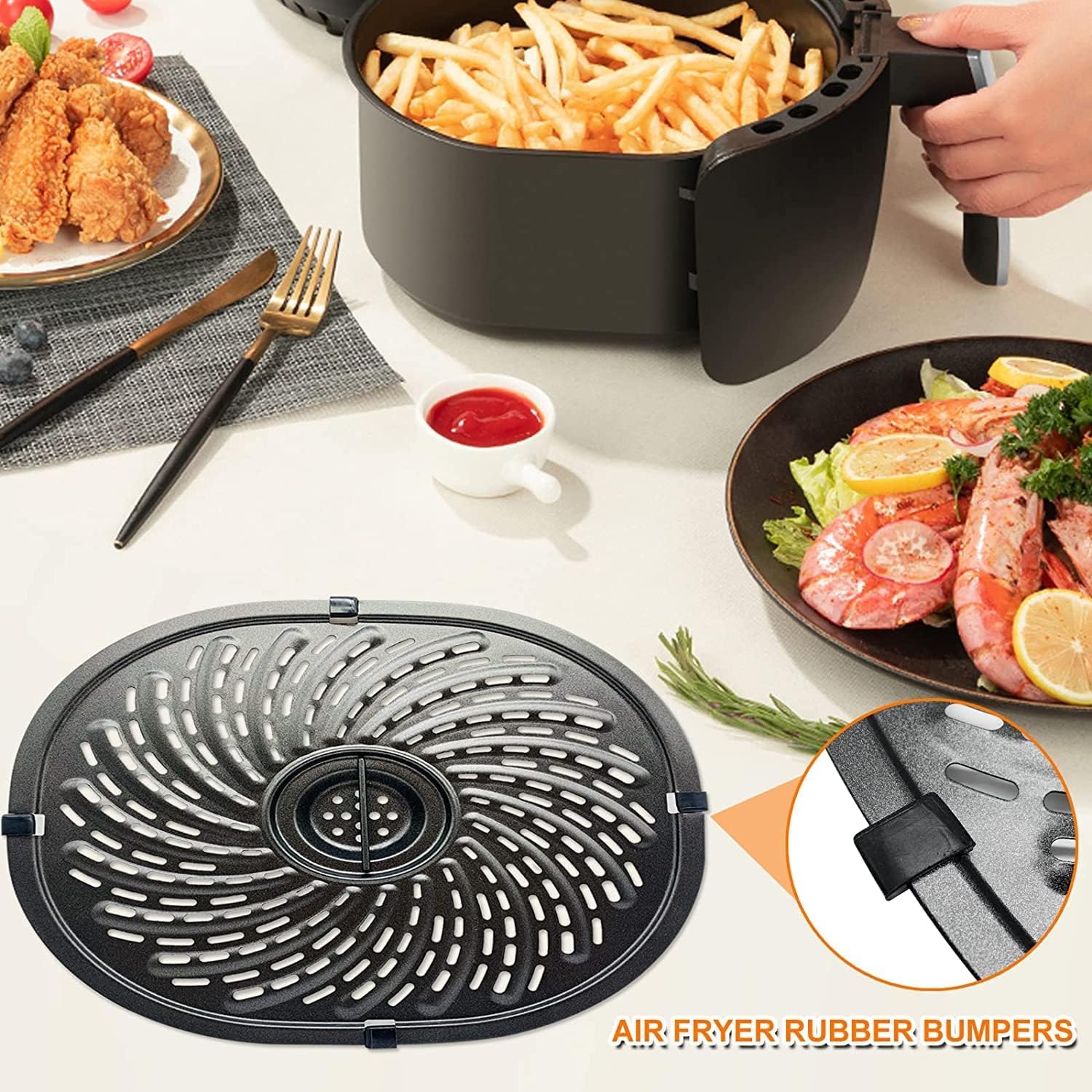 Replacement Parts for PowerXL Vortex 7 QT Air Fryer, Oval 10.1''*9.3'' Food Grade Stainless Steel Air Fryer Accessories Grill Pan Grill Plate Crisper Plate Tray Rack with Rubber Bumpers