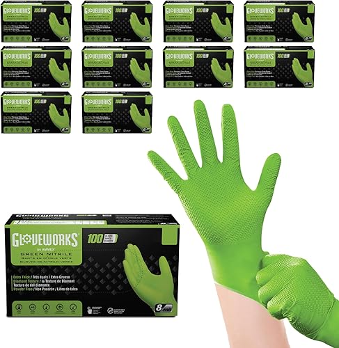 GLOVEWORKS Guantes verdes de HD, guante mecánico de agarre de diamante elevado resistente desechable de nitrilo de 8 mil, opciones de compra a granel