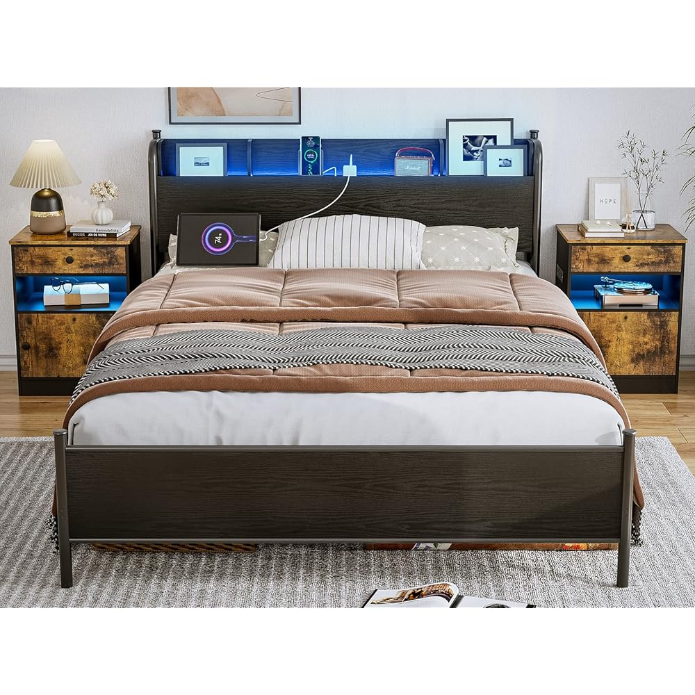 40/mo Finance IKIFLY Queen Bed Frame with Storage Shelf Headboard