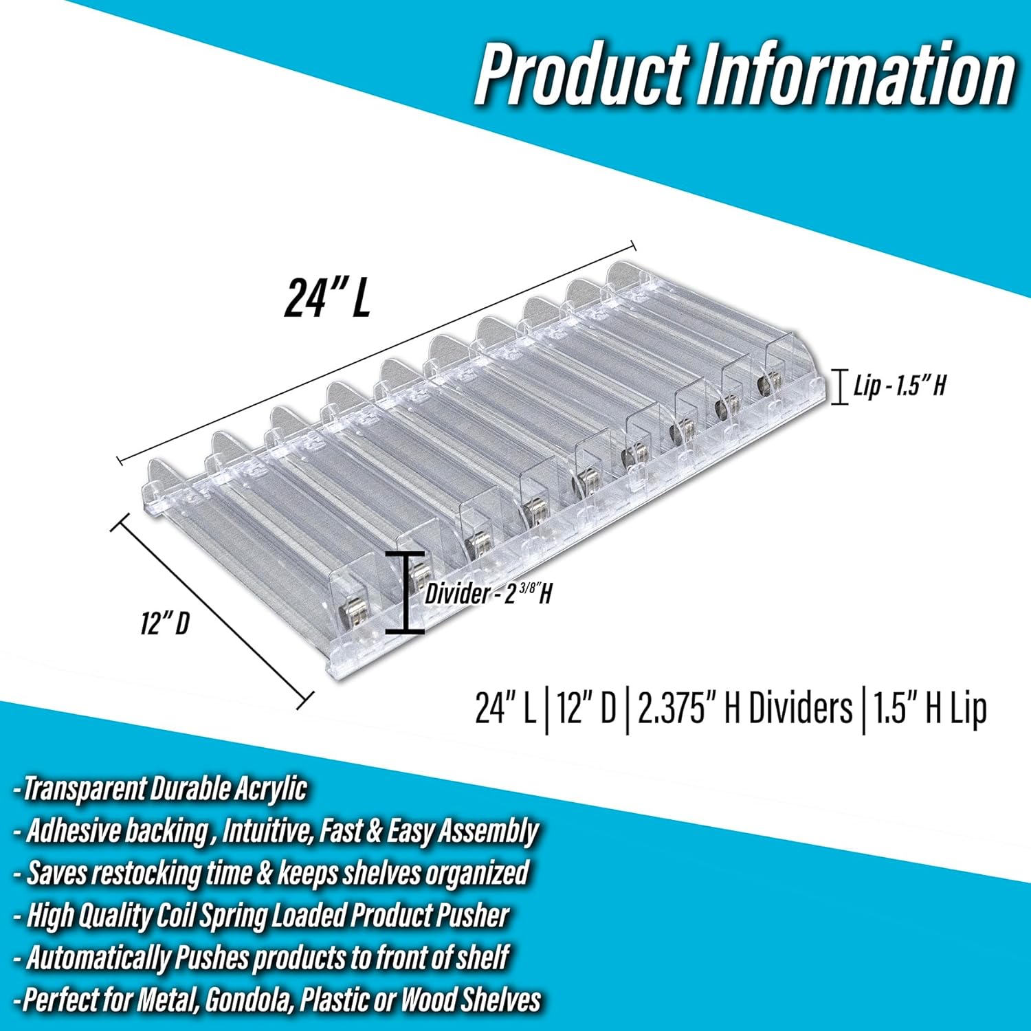 Auto Feed Shelf Product Pusher Kit, Adjustable Width Spring Loaded Merchandise Glider Pushing System, Kit for [5] 12" D x 24" L Shelves - [45 Shelf Pushers + 50 Dividers]