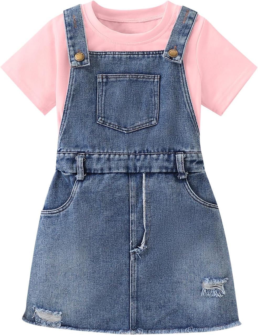 Toddler Girls Summer Clothes T-Shirt + Washed Ripped Denim Overalls Dress 2 Piece Outfits Jumpsuits