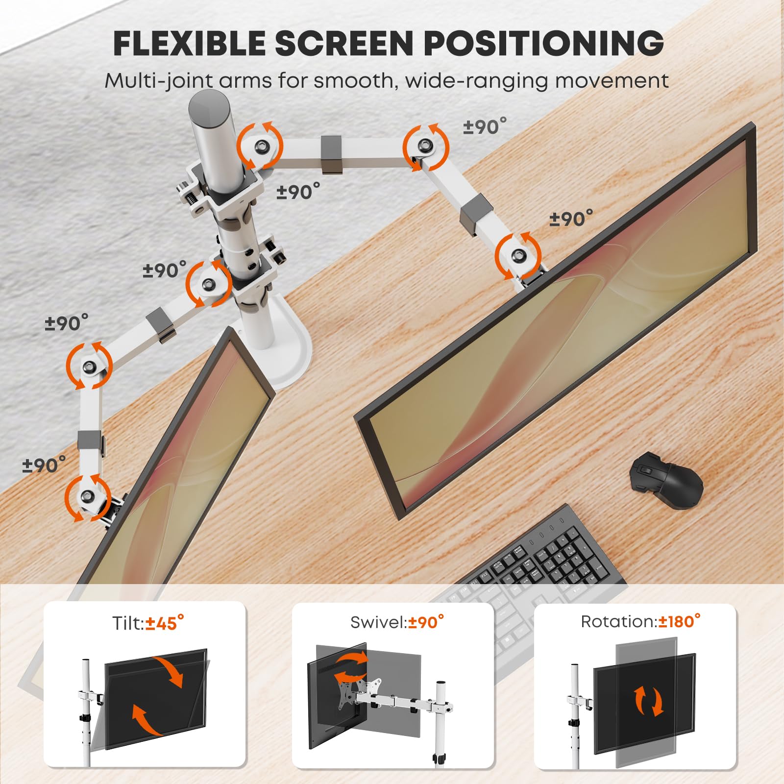 Supporto Doppio Monitor - Asta Extra Alta 80 cm per 2 Monitor 17-32" (fino a 9kg per braccio) VESA 75/100 - Braccio Orientabile, Inclinabile, Ruotabile - Impilamento Verticale
