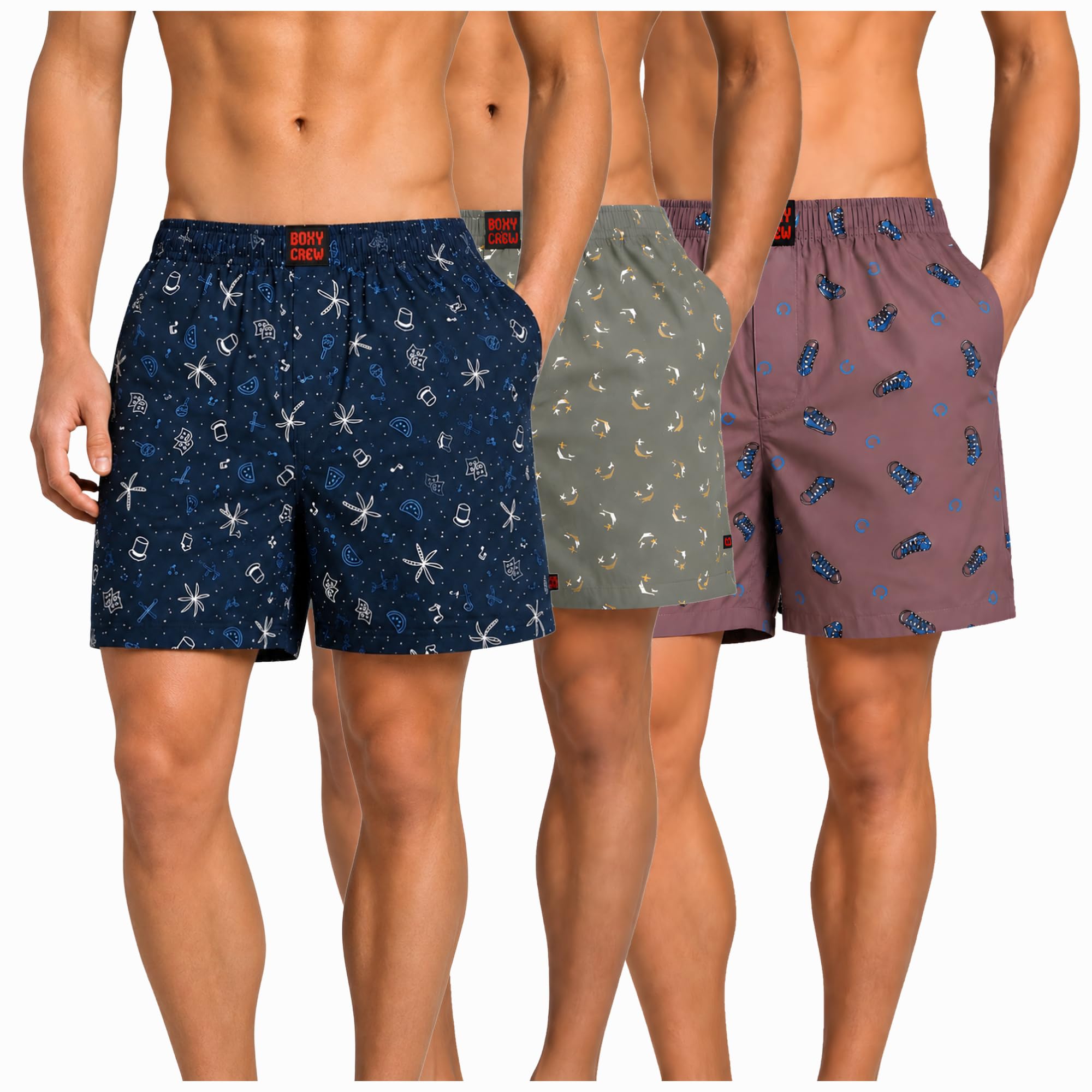 Men's 100% Cotton Boxer Shorts Pack of 3, Navy Blue, Green & Mauve | Woven Boxers with Side Pockets, No-Marks Elastic Waistband, Breathable Relaxed Fit | Style 007-008-015-image-35