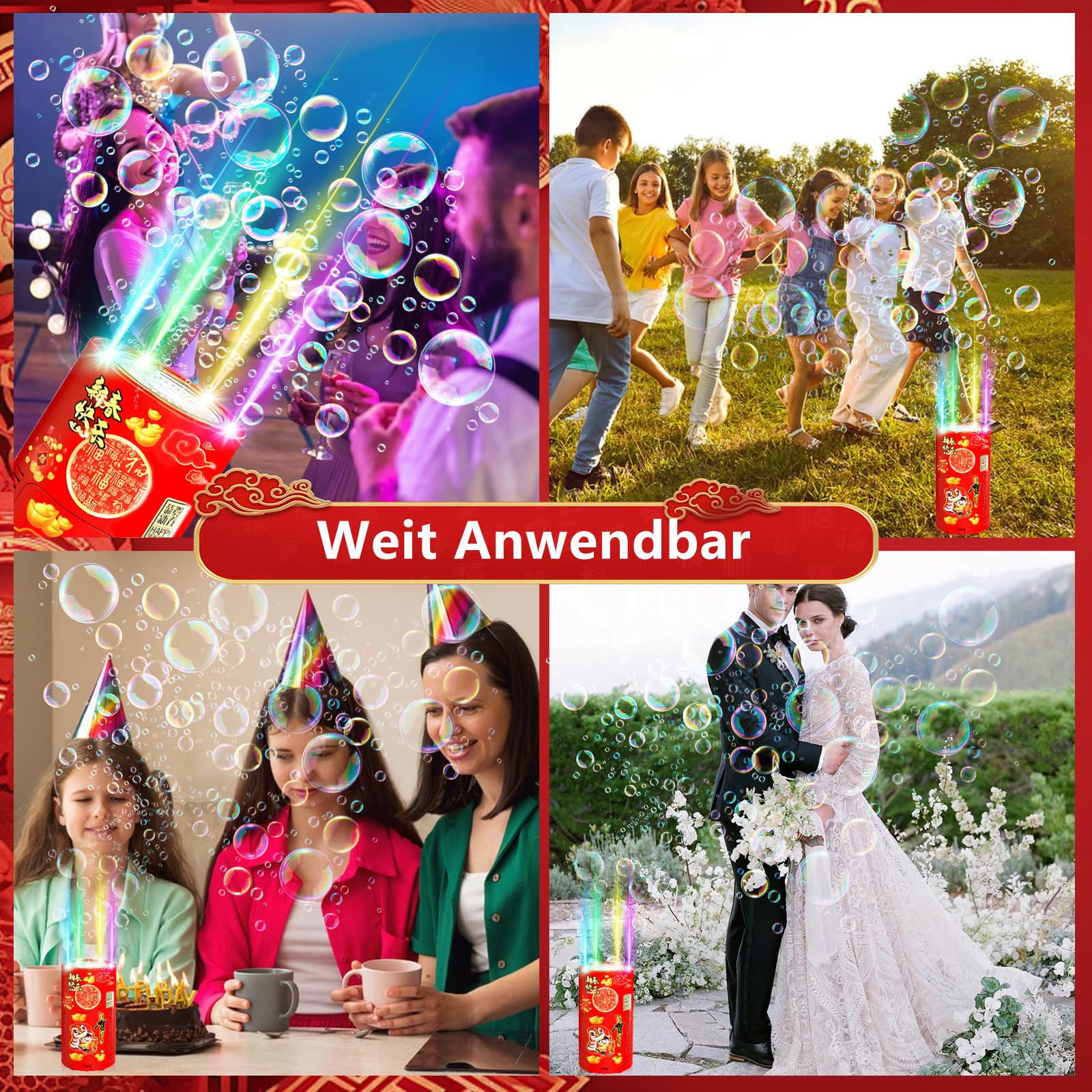 Feuerwerk Seifenblasenmaschine, 2-Packung 13-Loch-Design Automatischer Feuerwerk Seifenblasenhersteller mit Lichtern und abschaltbarem Sound für Kindergeburtstag Hochzeit Party Garten Karneval