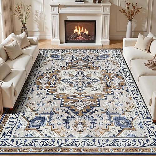 Rugflix 8x10 Area Rug for Living Room, Machine Washable Area Rugs with Non-Slip Backing, Large Soft Boho Vintage Rug for Bedroom, Dining Room, Low Pile Carpet, Kids Pet Friendly, Brown Beige