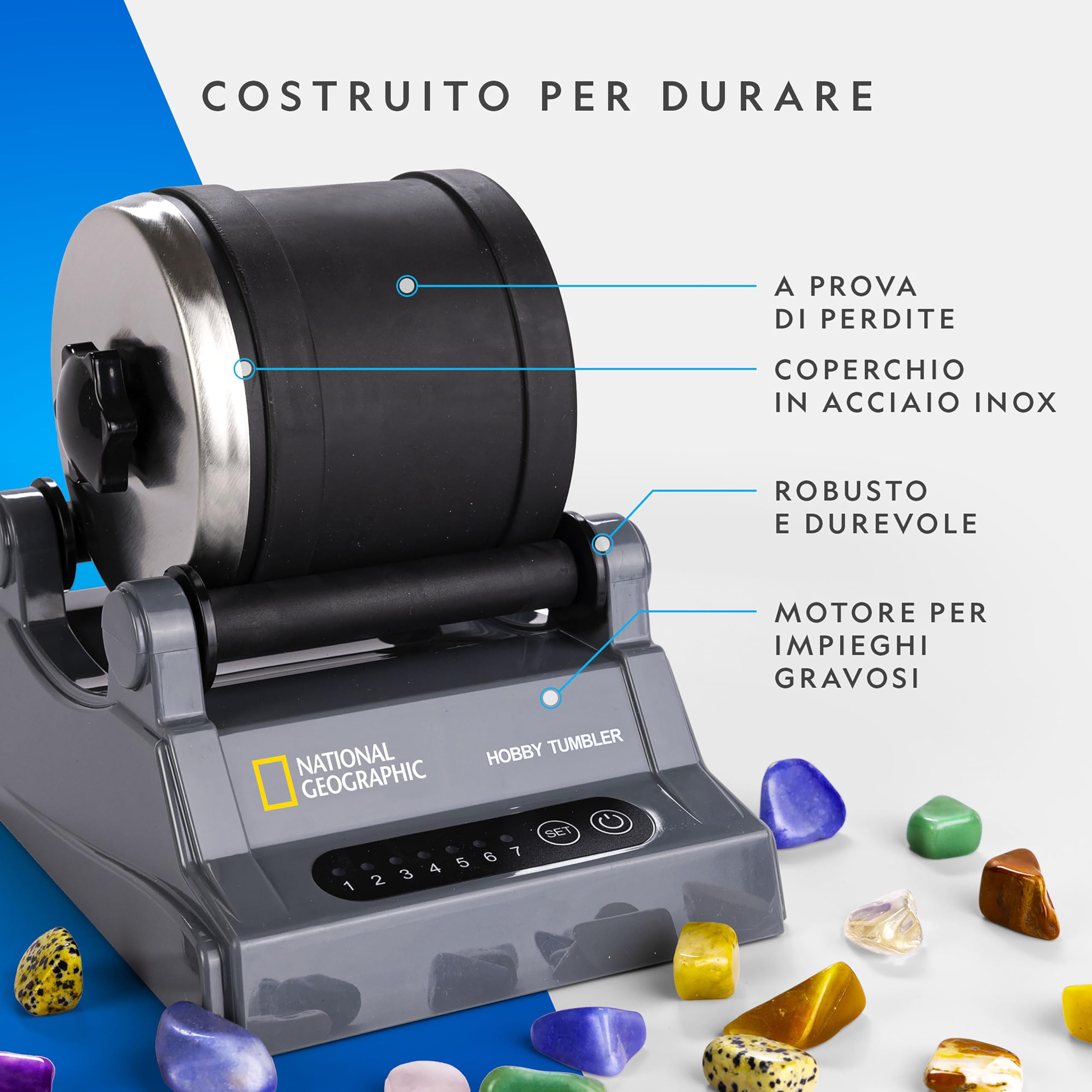 NATIONAL GEOGRAPHCI Kit Tumbler per Lucidare Pietre – Tumbler Durevole con Timer da 7 Giorni, Kit Completo di Lucidatura, Hobby Geologico per Bambini, Giocattolo Educativo Scientifico