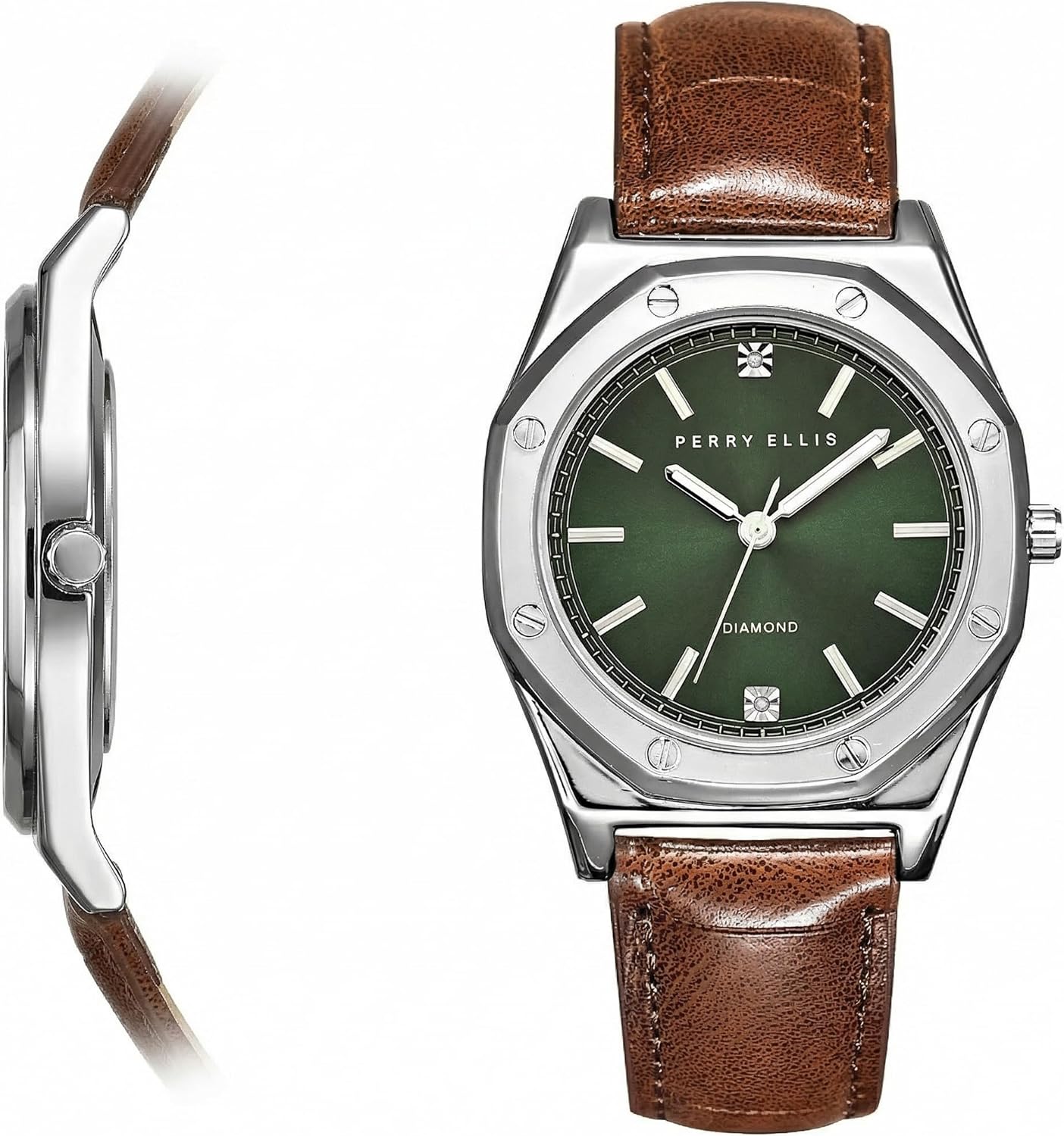 Perry Ellis Ultra Slim Diamond Men’s Watch – Octagon Green Sunray Dial, Brown Leather Strap, Silver Finish, Water-Resistant